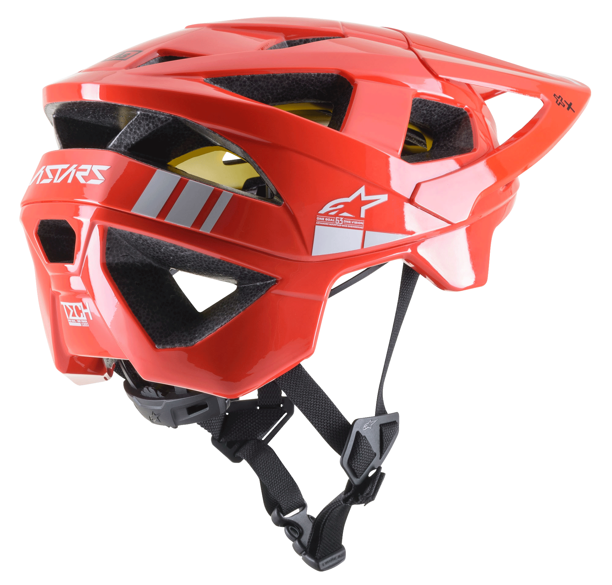 Alpinestars Vector Tech A2 MTB-Helm, Mountainbike-Helm, Leuchtend Rot und Hellgrau glänzend, mit 19 Belüftungsöffnungen, weißem Logo-Branding, gelbem MIPS-Futter und verstellbarem schwarzem Kinnriemen, strapazierfähig und leicht für Offroad-Schutz