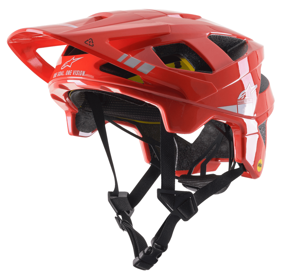 Alpinestars Vector Tech A2 MTB Helmet, Bright Red with Light Gray Glossy accents, white Alpinestars logos and graphics, adjustable visor, multiple ventilation ports, black chin straps, and lightweight mountain bike design