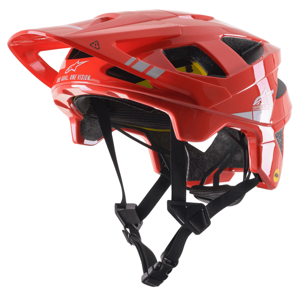 Alpinestars Vector Tech A2 MTB-Helm, leuchtendes Rot mit hellgrauen glänzenden Akzenten, weiße Alpinestars-Logos und Grafiken, verstellbares Visier, mehrere Belüftungsöffnungen, schwarze Kinnriemen, leichtes Mountainbike-Design