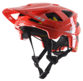 Alpinestars Vector Tech A2 MTB-Helm, leuchtendes Rot mit hellgrauen glänzenden Akzenten, weiße Alpinestars-Logos und Grafiken, verstellbares Visier, mehrere Belüftungsöffnungen, schwarze Kinnriemen, leichtes Mountainbike-Design