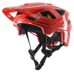 Alpinestars Vector Tech A2 MTB-Helm, leuchtendes Rot mit hellgrauen glänzenden Akzenten, weiße Alpinestars-Logos und Grafiken, verstellbares Visier, mehrere Belüftungsöffnungen, schwarze Kinnriemen, leichtes Mountainbike-Design