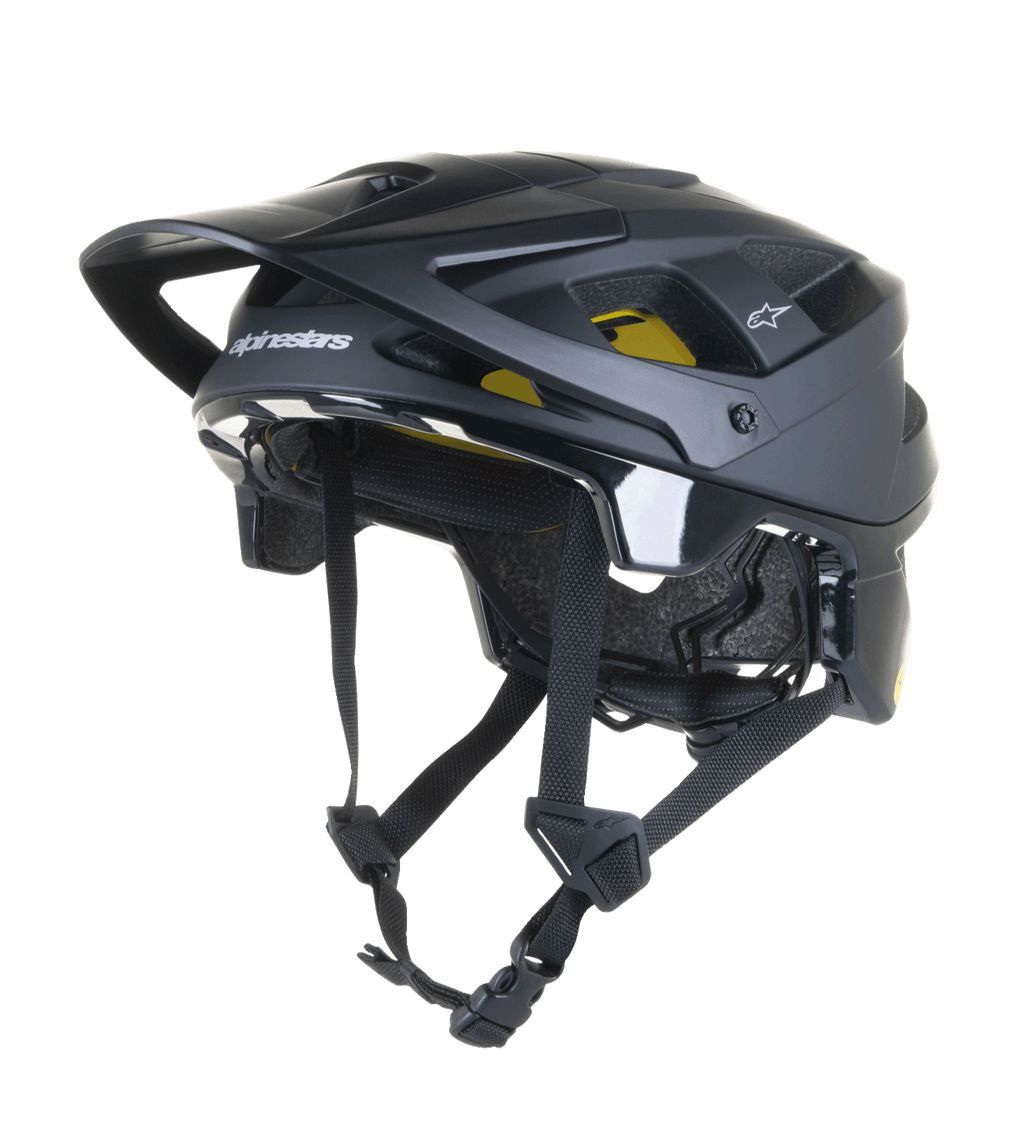 Casque Alpinestars Vector Tech Solid, casque de VTT noir, finitions mates et brillantes avec 19 aérations, rembourrage intérieur Mips jaune, visière et sangles réglables, protection légère pour le Trail et l'All-Mountain
