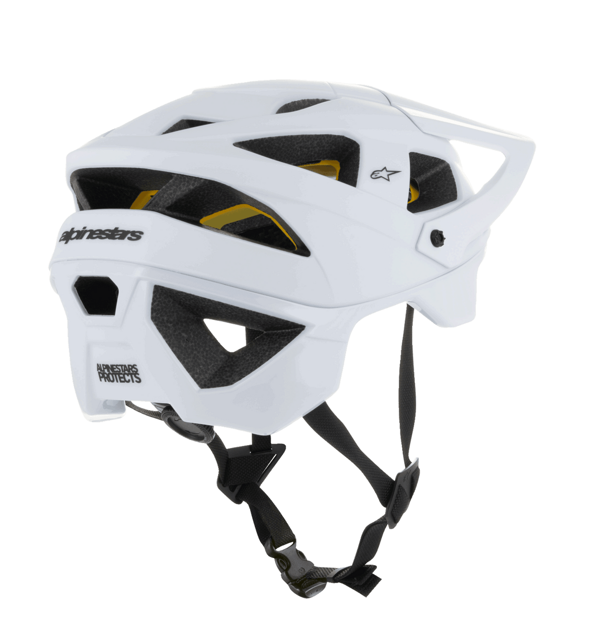 Casque Alpinestars Vector Tech Solid, casque de VTT ouvert, finition blanc mat et brillant, doté de larges ouvertures de ventilation avec doublure MIPS jaune visible, marquage Alpinestars noir à l'arrière et sangle jugulaire noire réglable, protection professionnelle pour le VTT