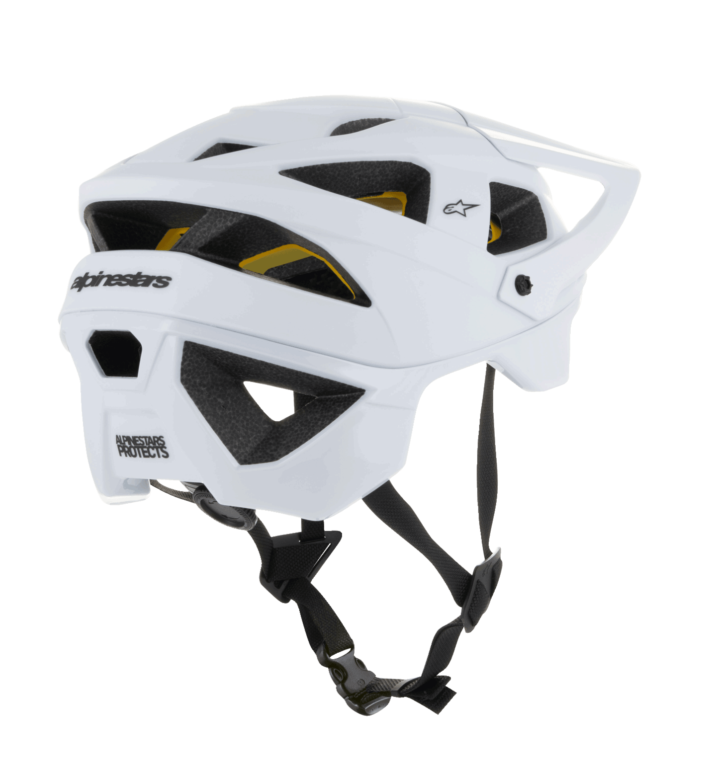 Alpinestars Vector Tech Solid Helm, Open-Face-MTB-Helm, matt-weißes und glänzendes Finish, große Belüftungsöffnungen mit sichtbarem gelben MIPS-Futter, schwarzes Alpinestars-Branding auf der Rückseite, verstellbarer schwarzer Kinnriemen, professioneller Mountainbike-Schutz