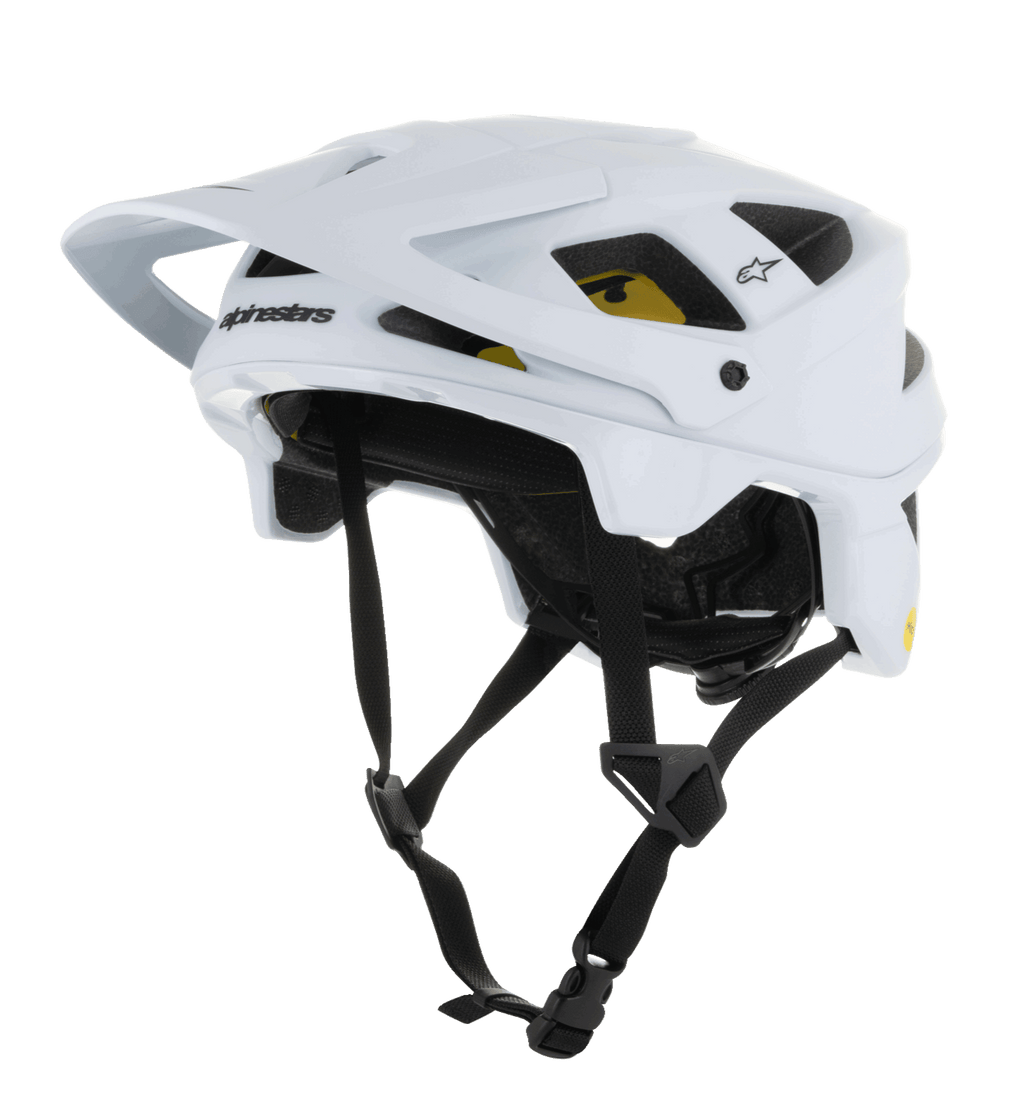 Alpinestars Vector Tech Solid Helm, MTB-Mountainbike-Helm, Weiß Matt und Glänzend, mit kantigem Design, mehreren Belüftungsöffnungen, verstellbaren schwarzen Kinnriemen, gelber Mips-Innenpolsterung und einem verstellbaren Visier vorne