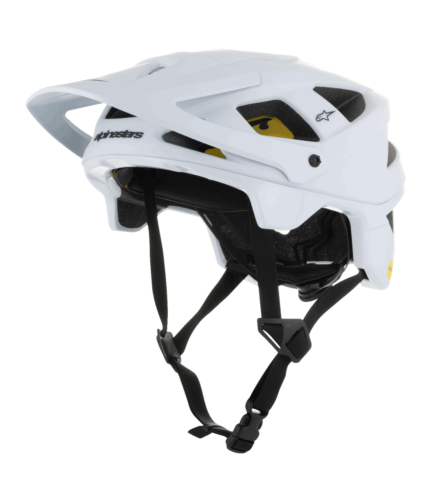 Alpinestars Vector Tech Solid Helm, MTB-Mountainbike-Helm, Weiß Matt und Glänzend, mit kantigem Design, mehreren Belüftungsöffnungen, verstellbaren schwarzen Kinnriemen, gelber Mips-Innenpolsterung und einem verstellbaren Visier vorne