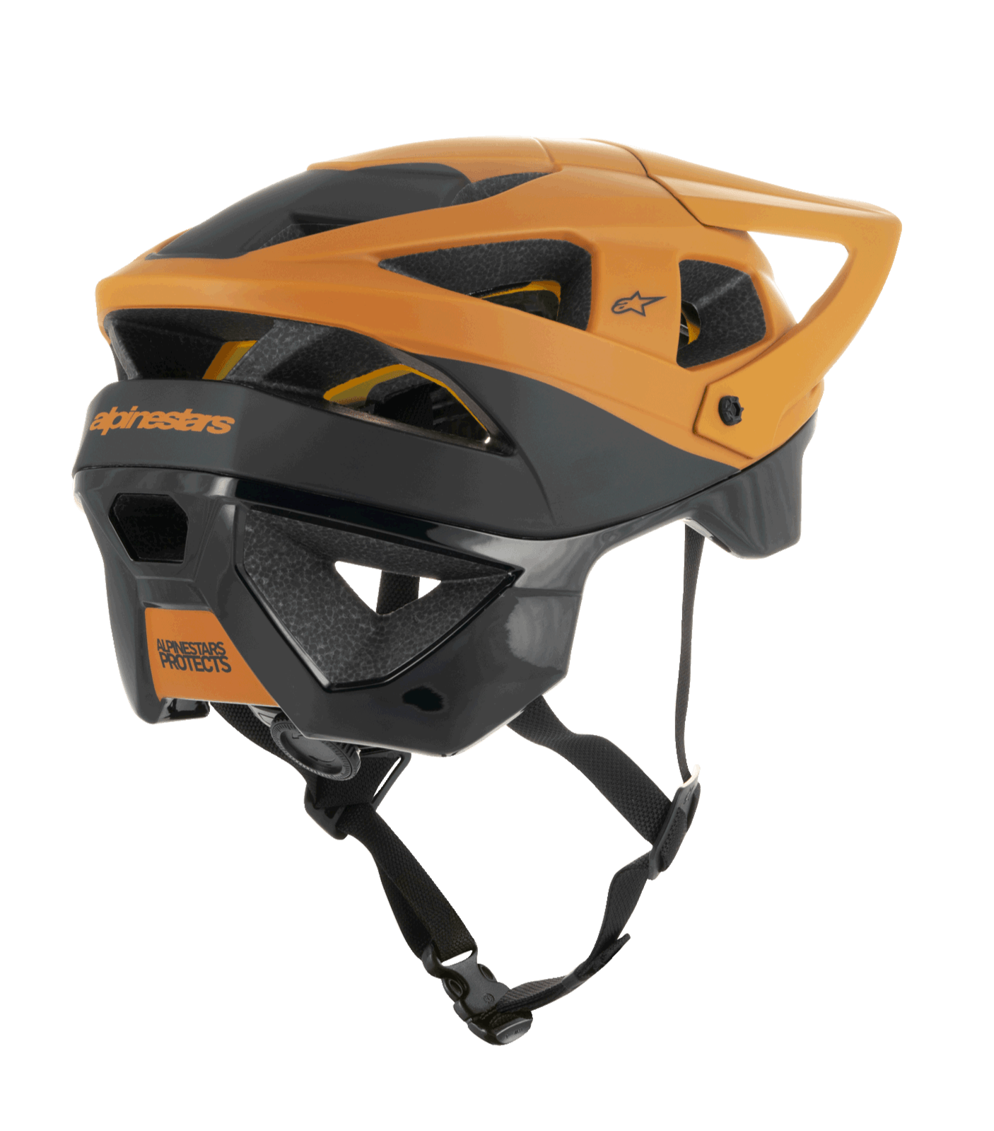 Alpinestars Vector Tech Zeal-helm, MTB-helm, zwart en donkergoud, achteraanzicht van de zijkant met meerdere ventilatieopeningen, verstelbaar vizier en stevige zwarte kinriem, beschermende mountainbike-uitrusting met Alpinestars-branding