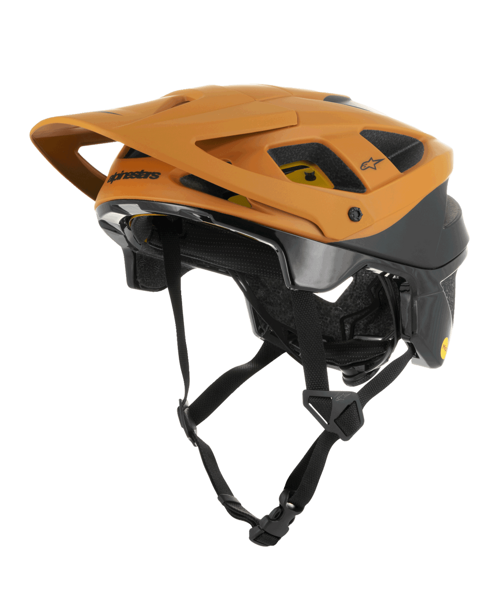 Alpinestars Vector Tech Zeal helm, MTB-mountainbikehelm, oranje en zwart met geel Mips-logo, voorzien van een groot vizier aan de voorkant, meerdere ventilatieopeningen en een verstelbare kinband, ontworpen voor trailbescherming op onverhard terrein