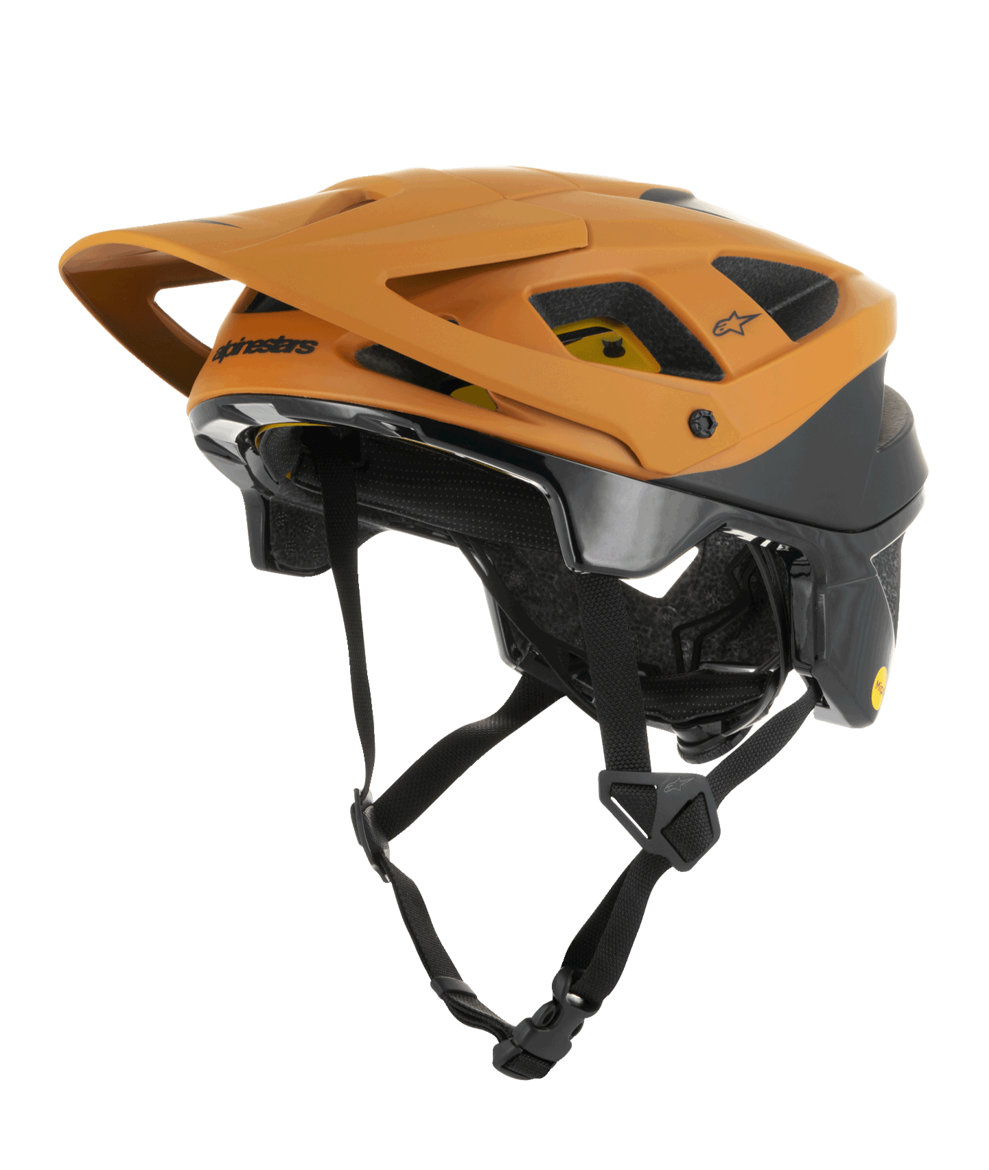 Alpinestars Vector Tech Zeal helm, MTB-mountainbikehelm, oranje en zwart met geel Mips-logo, voorzien van een groot vizier aan de voorkant, meerdere ventilatieopeningen en een verstelbare kinband, ontworpen voor trailbescherming op onverhard terrein