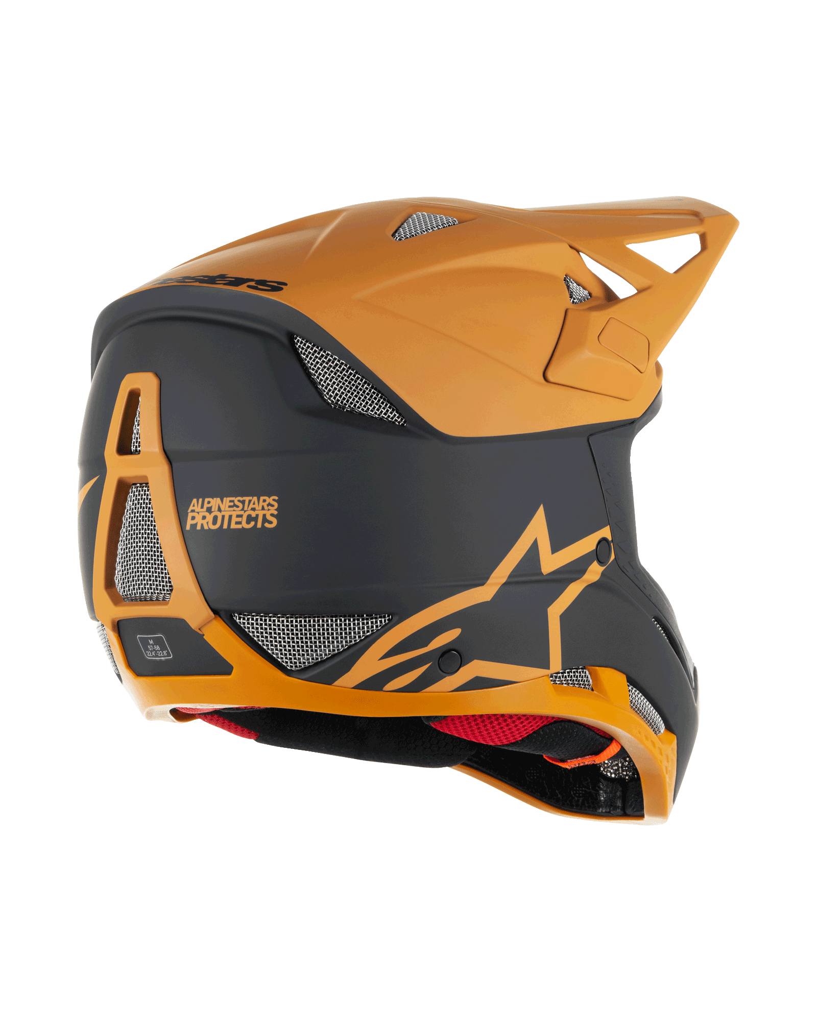 Alpinestars Missile Tech Racer helm, full-face MTB-helm, zwart en mat donkergoud, achteraanzicht met mesh ventilatieopeningen, aerodynamisch vizier en Alpinestars Protects-branding op de achterkant, professionele bescherming voor downhill mountainbiken.