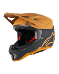 Alpinestars Missile Tech Racer helm, full-face MTB-helm, zwart en mat donkergoud, matte afwerking met goudkleurig sterlogo, rode binnenvoering, zilverkleurige mesh ventilatieopeningen voor luchtstroom, hoekig vizier, downhill mountainbike bescherming