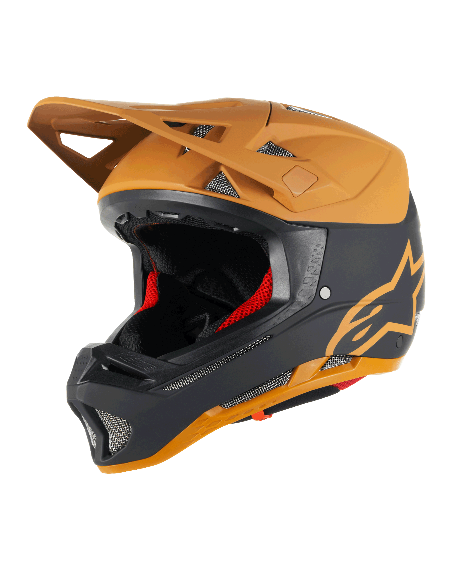 Alpinestars Missile Tech Racer helm, full-face MTB-helm, zwart en mat donkergoud, matte afwerking met goudkleurig sterlogo, rode binnenvoering, zilverkleurige mesh ventilatieopeningen voor luchtstroom, hoekig vizier, downhill mountainbike bescherming