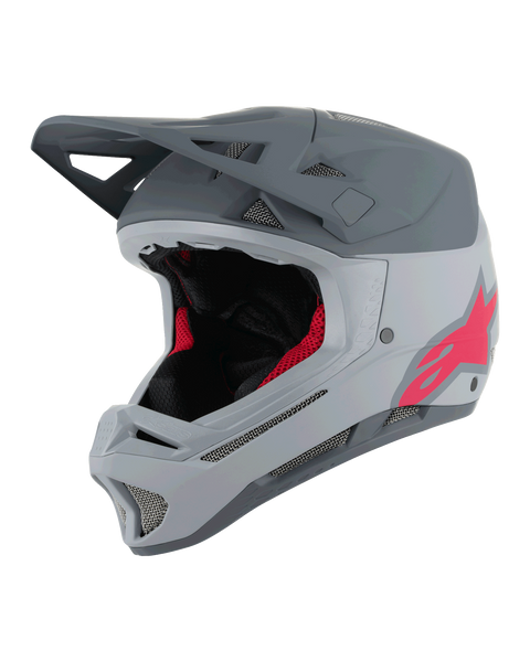 Alpinestars Missile Tech Racer Helmet, casque intégral de VTT, gris clair et gris foncé mat avec logo Astars rose, visière aérodynamique, multiples aérations avec maille, rembourrage intérieur noir et rouge, équipement de VTT de descente