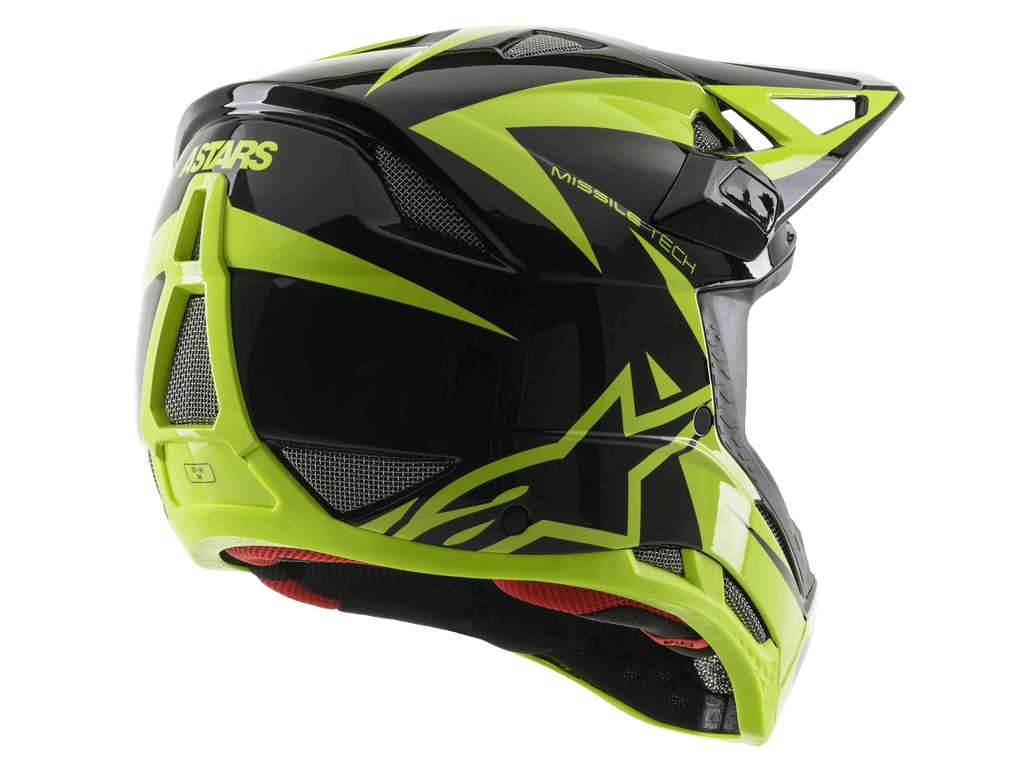 Alpinestars Missile Tech-Air Full Face Helm, Schwarz und Gelb Fluo Glänzend, Dreiviertel-Rückansicht mit großen Mesh-Belüftungsöffnungen, ASTARS-Branding und rotem Innenfutter, konzipiert für Downhill-MTB-Performance.