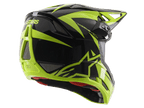 Alpinestars Missile Tech-Air Full Face Helm, Schwarz und Gelb Fluo Glänzend, Dreiviertel-Rückansicht mit großen Mesh-Belüftungsöffnungen, ASTARS-Branding und rotem Innenfutter, konzipiert für Downhill-MTB-Performance.