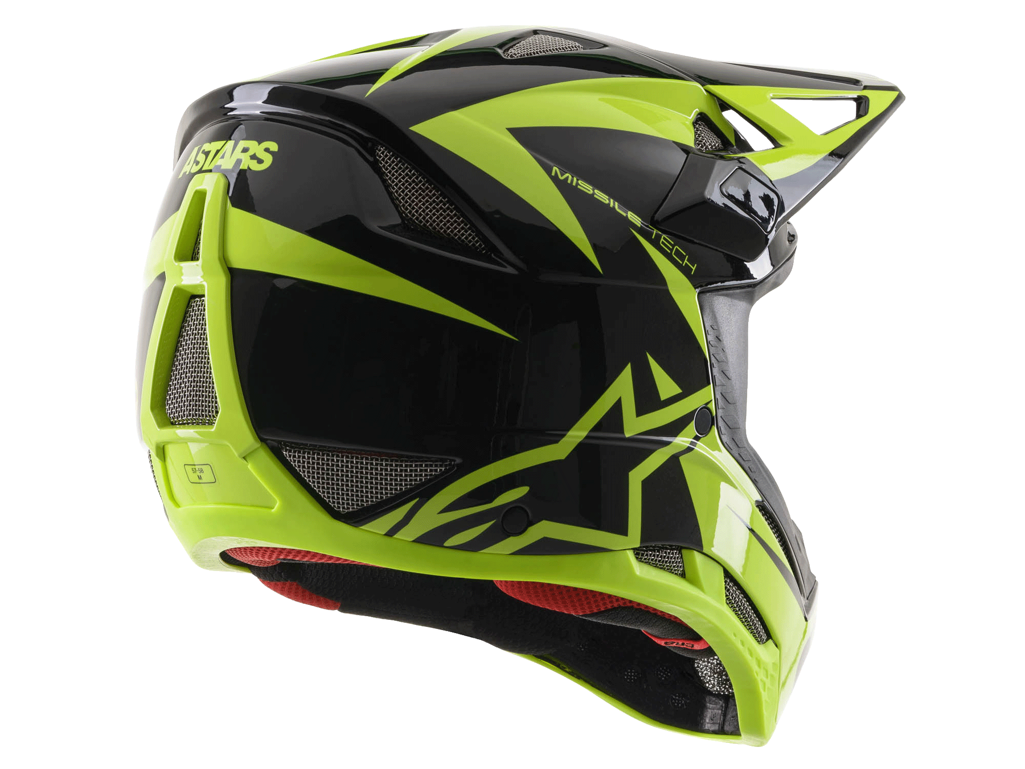 Alpinestars Missile Tech-Air Full Face Helm, Schwarz und Gelb Fluo Glänzend, Dreiviertel-Rückansicht mit großen Mesh-Belüftungsöffnungen, ASTARS-Branding und rotem Innenfutter, konzipiert für Downhill-MTB-Performance.