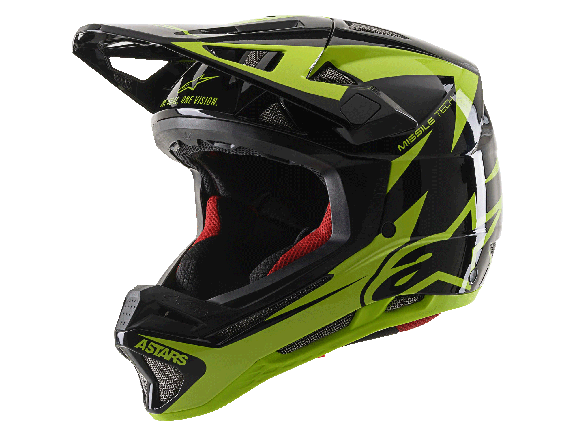 Alpinestars Missile Tech-Air Fullface-Helm, MTB-Downhill-Helm, Schwarz und Gelb Fluo Glänzend, mit 22 Belüftungsöffnungen, 'ASTARS' und 'MISSILE TECH' Schriftzügen, rote Innenpolsterung, glänzendes aerodynamisches Design