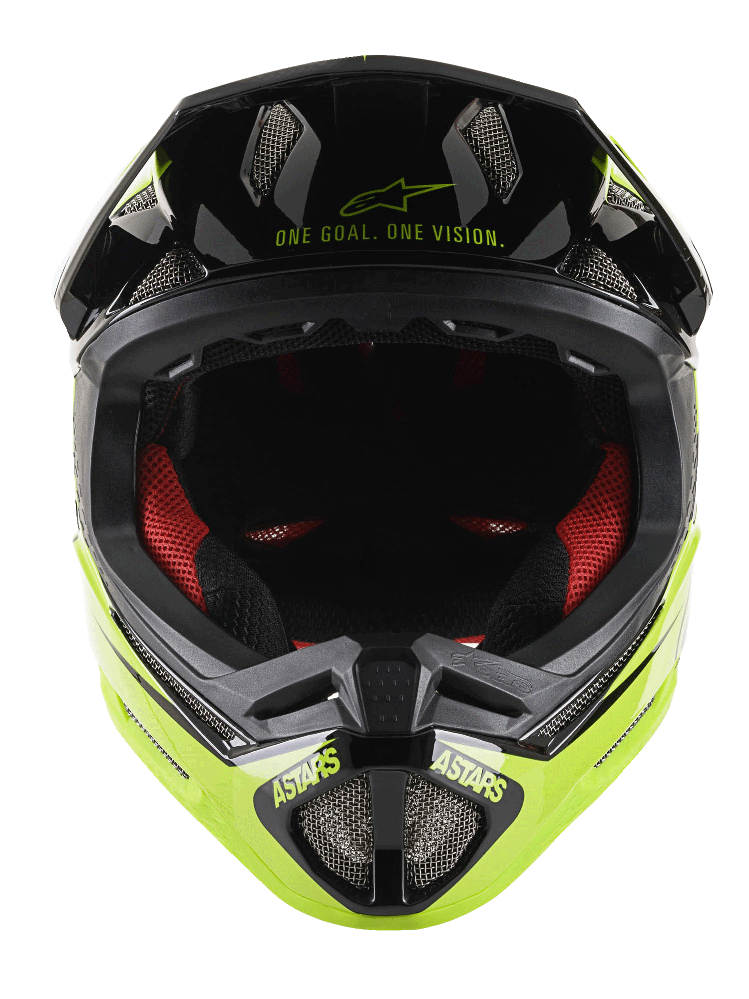 Alpinestars Missile Tech-Air® Full-Face-Helm, MTB Full-Face-Helm, Schwarz und Fluo-Gelb glänzend, Vorderansicht mit 'One Goal. One Vision.' Schriftzug auf dem Visier, roter Innenpolsterung, Mesh-Belüftungsöffnungen und ASTARS-Branding am Kinnschutz
