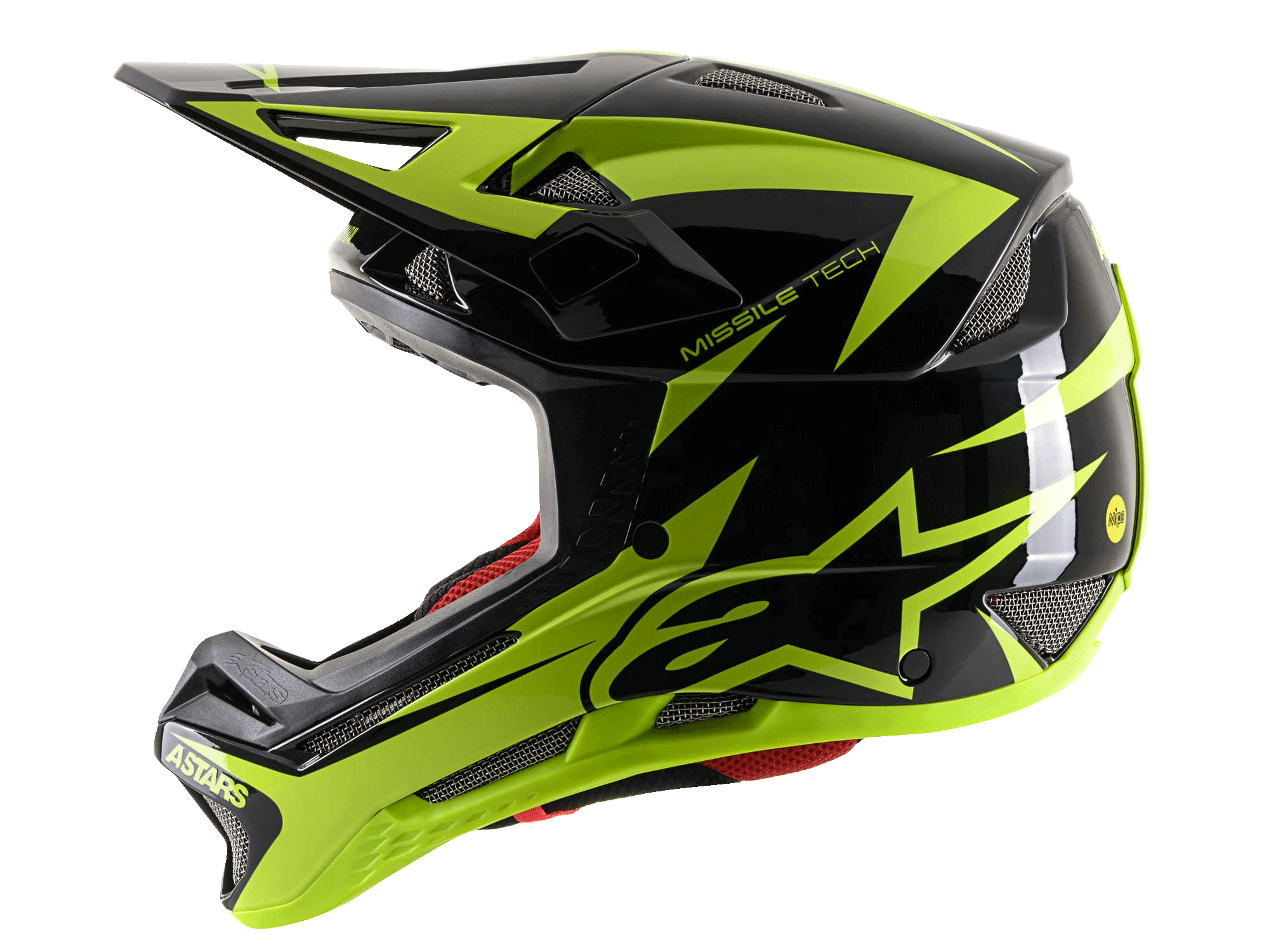 Alpinestars Missile Tech-Air Fullface-Helm, MTB-Fullface-Helm, Schwarz und Gelb Fluo Glänzend, Seitenansicht mit großem gelbem Stern-Logo, Mesh-Belüftungsöffnungen und aerodynamischem Visier für Downhill-Mountainbiking.