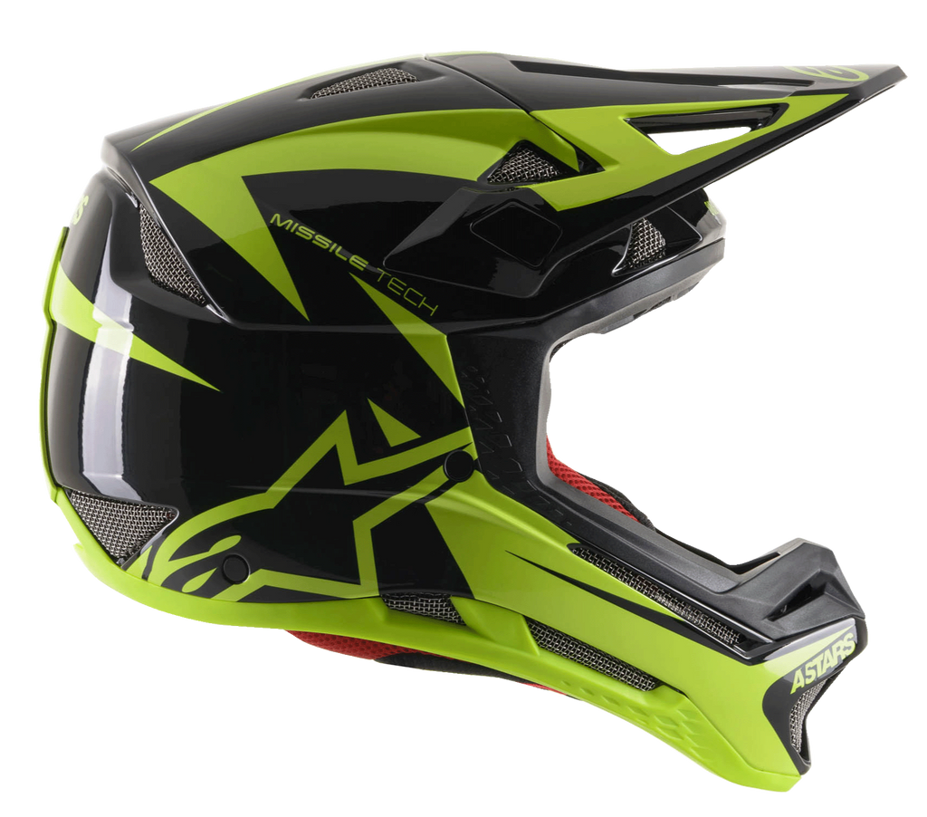 Alpinestars Missile Tech-Air Full-Face-Helm, Downhill-MTB-Helm, Schwarz und Gelb Fluo Glänzend, Seitenansicht mit aerodynamischen Mesh-Belüftungsöffnungen, großem neongelbem Stern-Logo und MISSILE TECH Branding, rotes Innenfutter, schlankes Performance-Design fürs Mountainbiking
