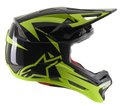 Alpinestars Missile Tech-Air Full-Face-Helm, Downhill-MTB-Helm, Schwarz und Gelb Fluo Glänzend, Seitenansicht mit aerodynamischen Mesh-Belüftungsöffnungen, großem neongelbem Stern-Logo und MISSILE TECH Branding, rotes Innenfutter, schlankes Performance-Design fürs Mountainbiking