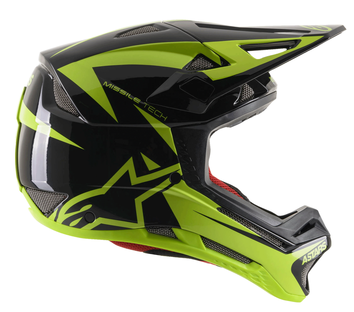 Alpinestars Missile Tech-Air Full-Face-Helm, Downhill-MTB-Helm, Schwarz und Gelb Fluo Glänzend, Seitenansicht mit aerodynamischen Mesh-Belüftungsöffnungen, großem neongelbem Stern-Logo und MISSILE TECH Branding, rotes Innenfutter, schlankes Performance-Design fürs Mountainbiking