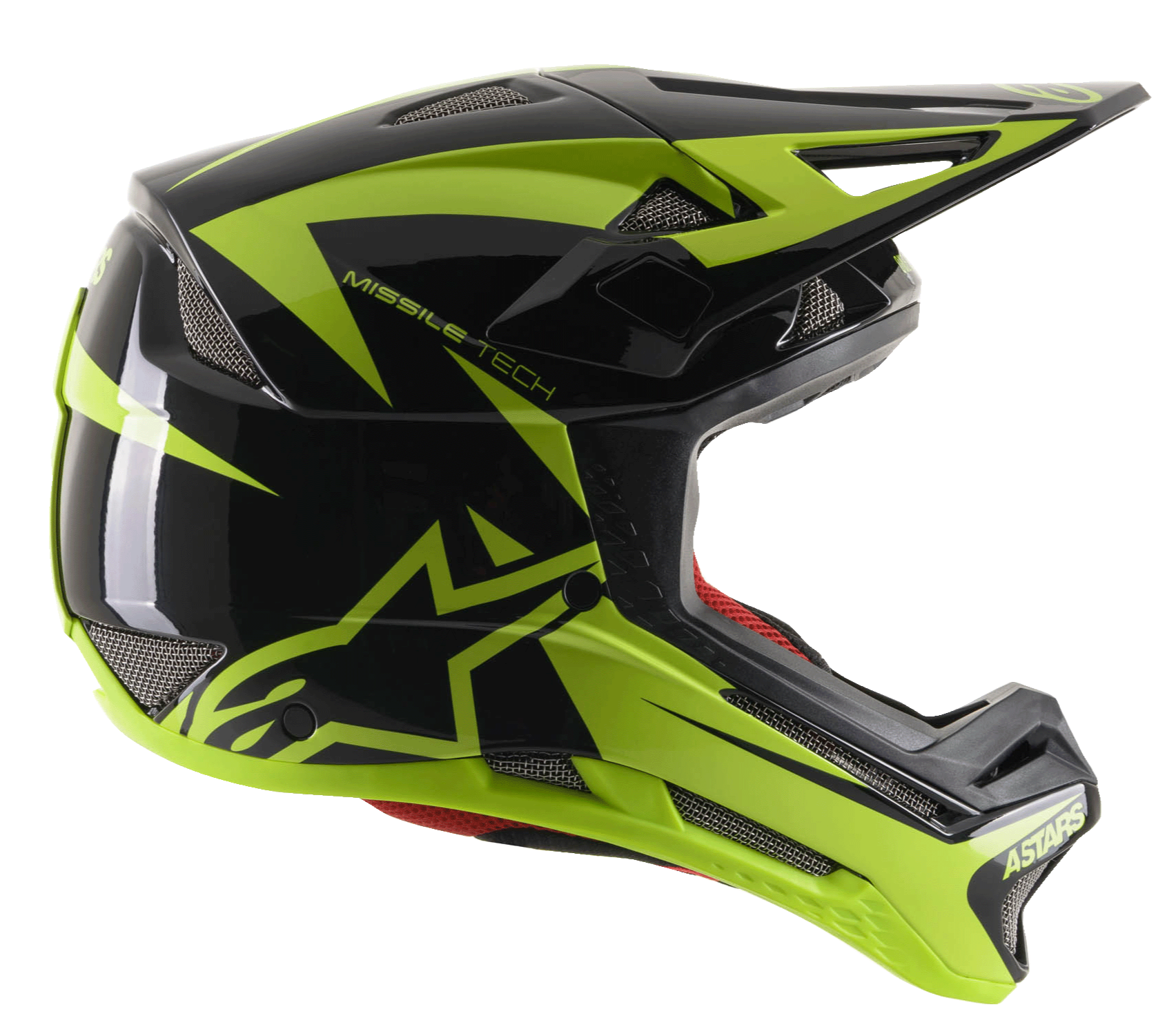 Alpinestars Missile Tech-Air integraalhelm, Downhill MTB-helm, zwart en geel fluo glossy, zijprofiel met aerodynamische mesh ventilatie-openingen, groot fluorescerend geel sterlogo en MISSILE TECH-branding, rode binnenvoering, strak prestatiegericht ontwerp voor mountainbiken
