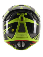 Alpinestars Missile Tech-Air Fullface-Helm, Rückansicht, Schwarz und Gelb Fluo Glänzend, mit ASTARS-Branding und MIPS-Logo, aerodynamisches Design mit mehreren netzabgedeckten Belüftungsöffnungen