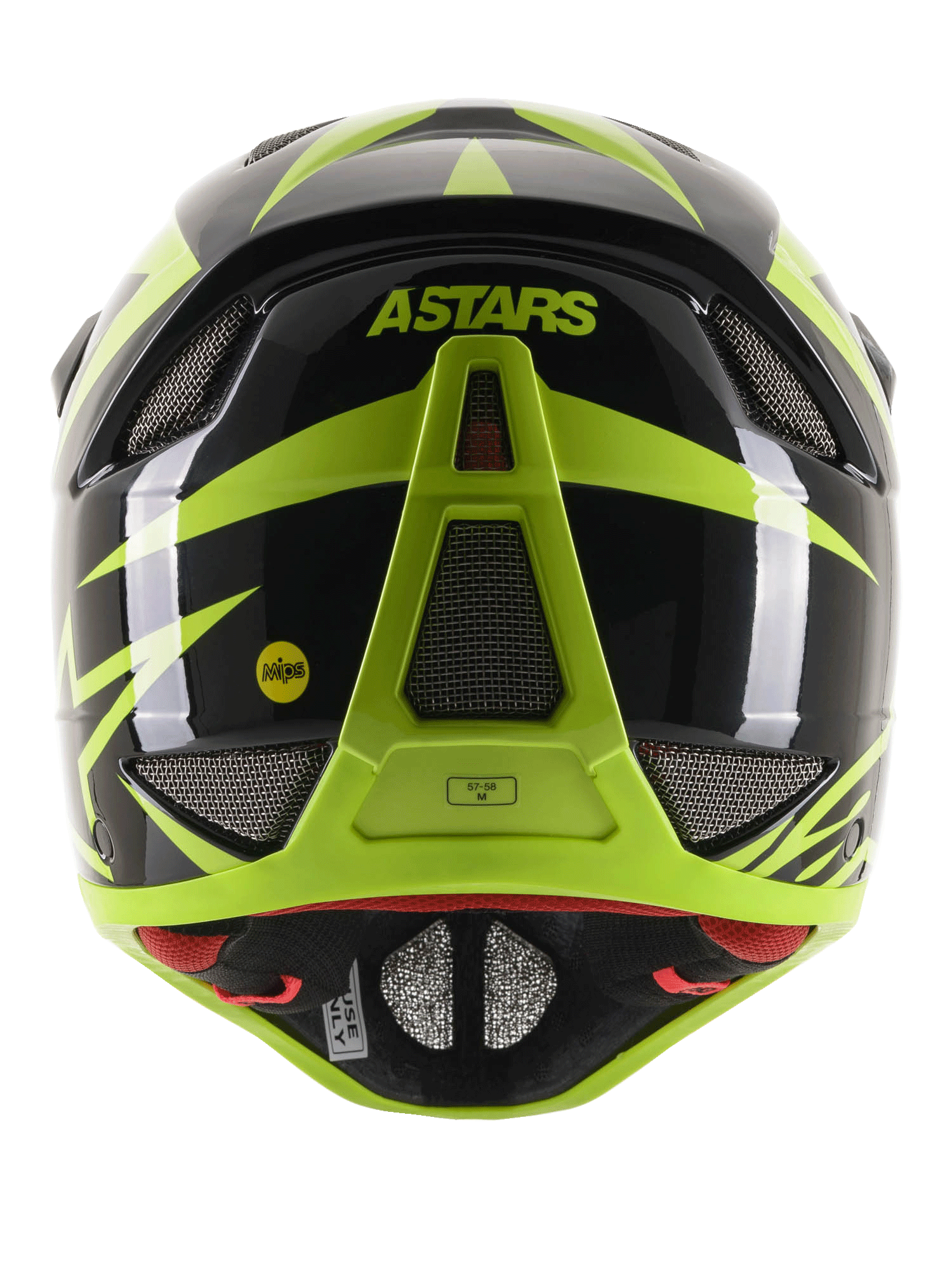 Alpinestars Missile Tech-Air Fullface-Helm, Rückansicht, Schwarz und Gelb Fluo Glänzend, mit ASTARS-Branding und MIPS-Logo, aerodynamisches Design mit mehreren netzabgedeckten Belüftungsöffnungen