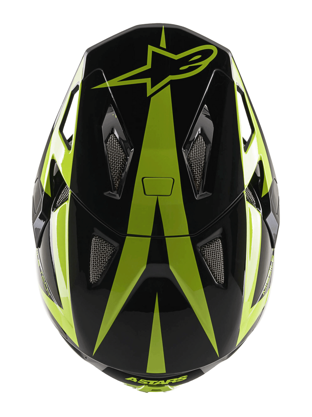 Alpinestars Missile Tech-Air Full Face Helmet, MTB-Helm, Schwarz und Gelb Fluo Glänzend, Draufsicht mit Stern-Logo und Mesh-Belüftungsöffnungen
