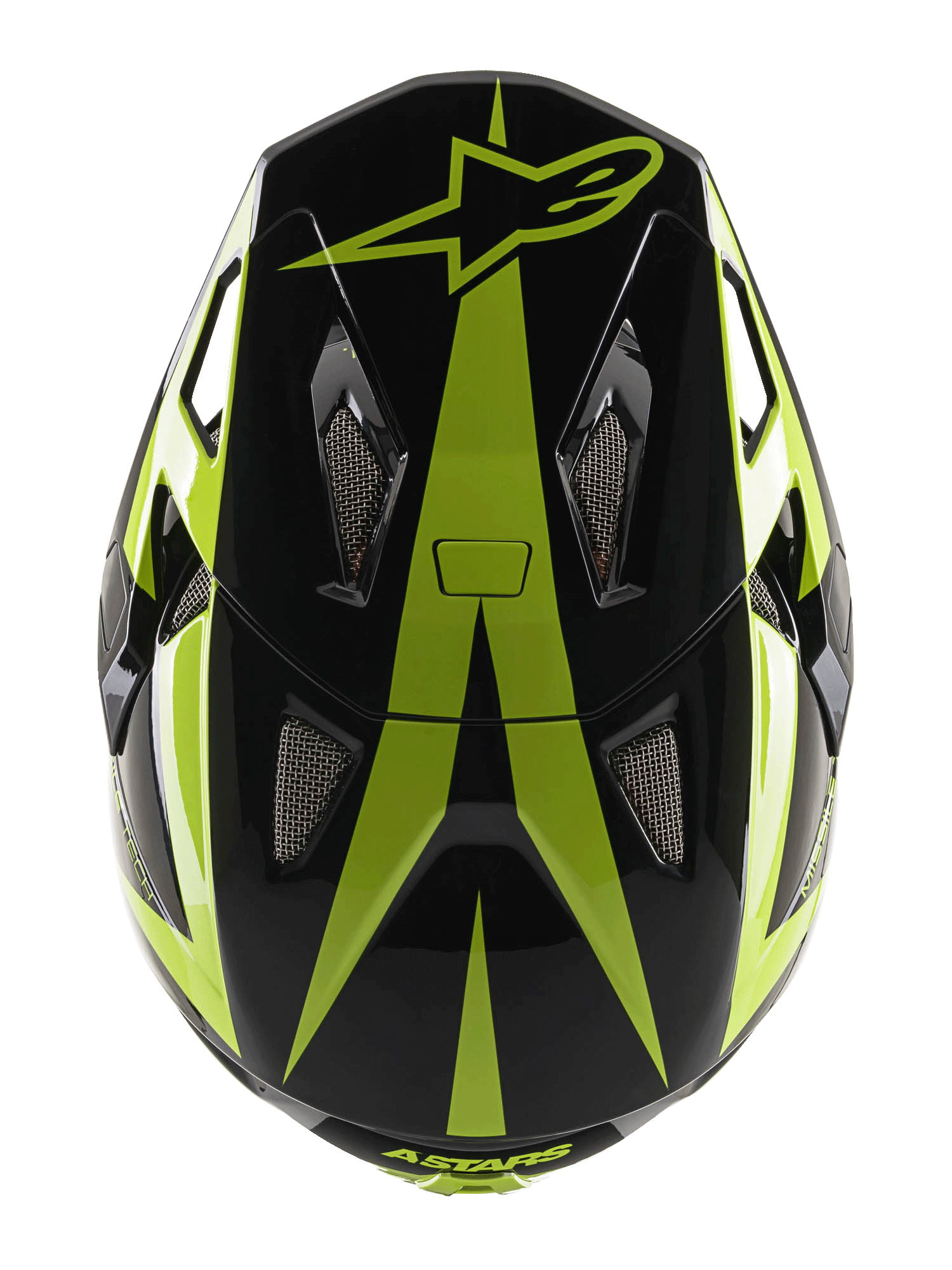 Alpinestars Missile Tech-Air Full Face Helmet, MTB-Helm, Schwarz und Gelb Fluo Glänzend, Draufsicht mit Stern-Logo und Mesh-Belüftungsöffnungen