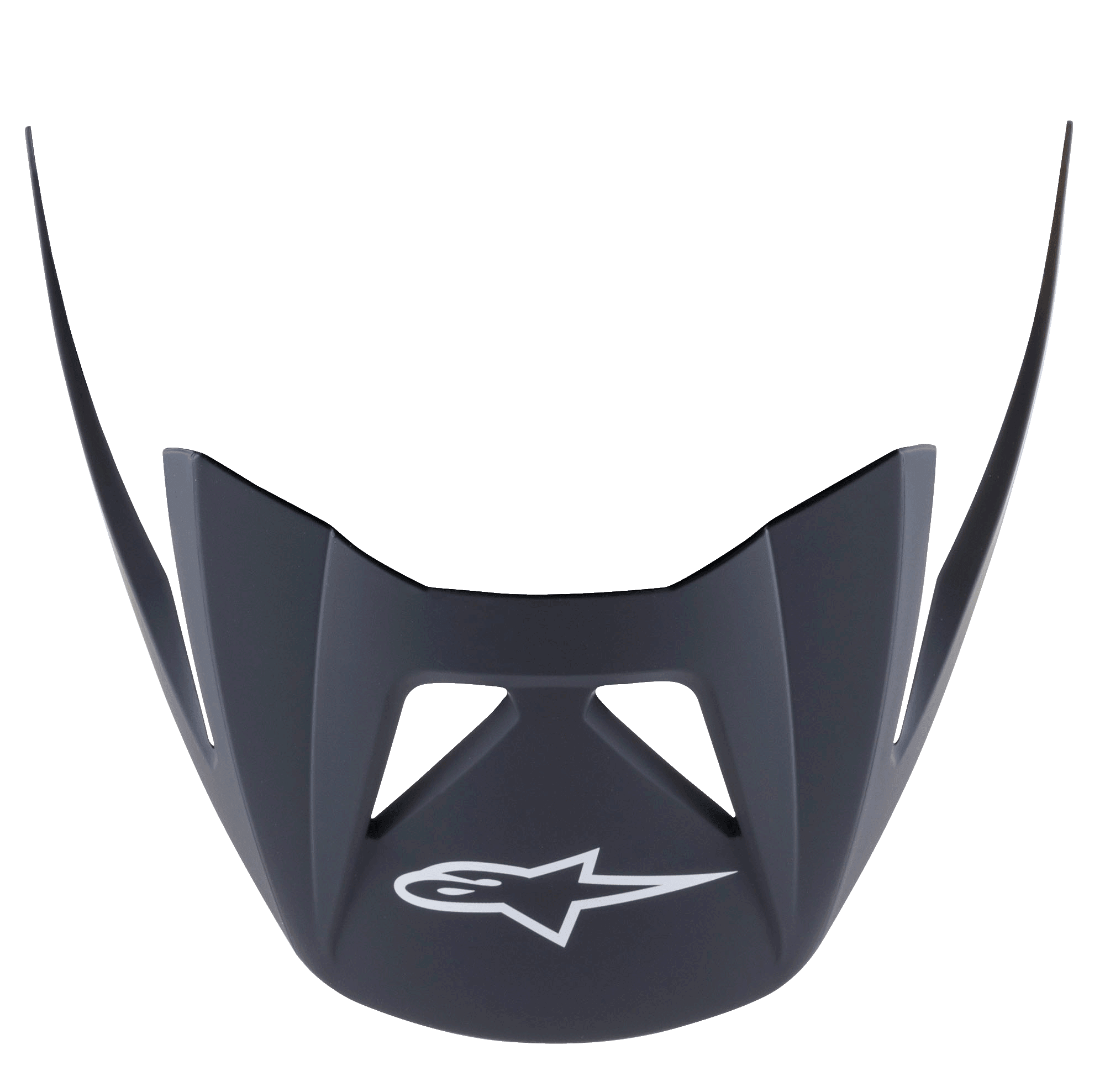 Alpinestars Visor Vector Pro A2, vervangend vizier voor MTB-helmen, Ebony Matt zwart, voorzien van een wit Astars-logo op de voorkant, hoekige aerodynamische vorm met ventilatie-uitsparingen, matte kunststof afwerking