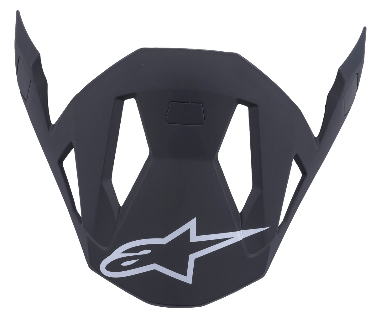 Alpinestars Missile Visor, Mountain Bike Helmet Replacement Part, Black Matt, angular design with ventilation cutouts and white Alpinestars logo, aerodynamic snap-on accessory for off-road riding