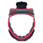 Alpinestars Supertech R10 Crown Pad, grijze vervangende helmvoering, ronde vorm met rode bies en grijze stof, zwarte kunststof bevestigingsonderdelen met Alpinestars-logo, ontworpen voor optimaal comfort en pasvorm van motorhelmen.