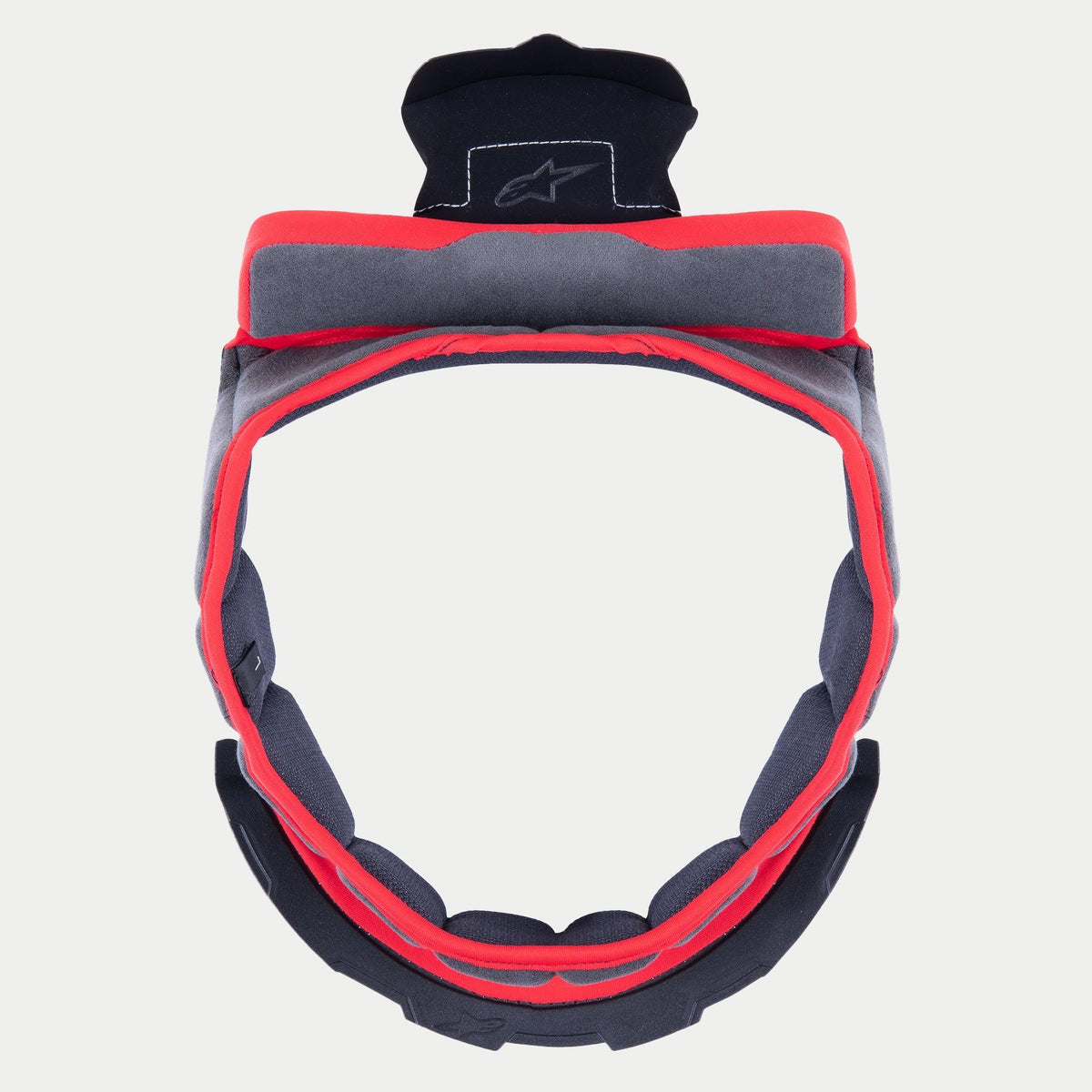 Alpinestars Supertech R10 Kronenpolster, Ersatz-Helminnenpolsterung, grauer weicher Stoff mit rotem Rand und schwarzen Befestigungslaschen, kreisförmiges Design für S-R10 Helme, mit besticktem Stern-Logo auf der oberen Lasche