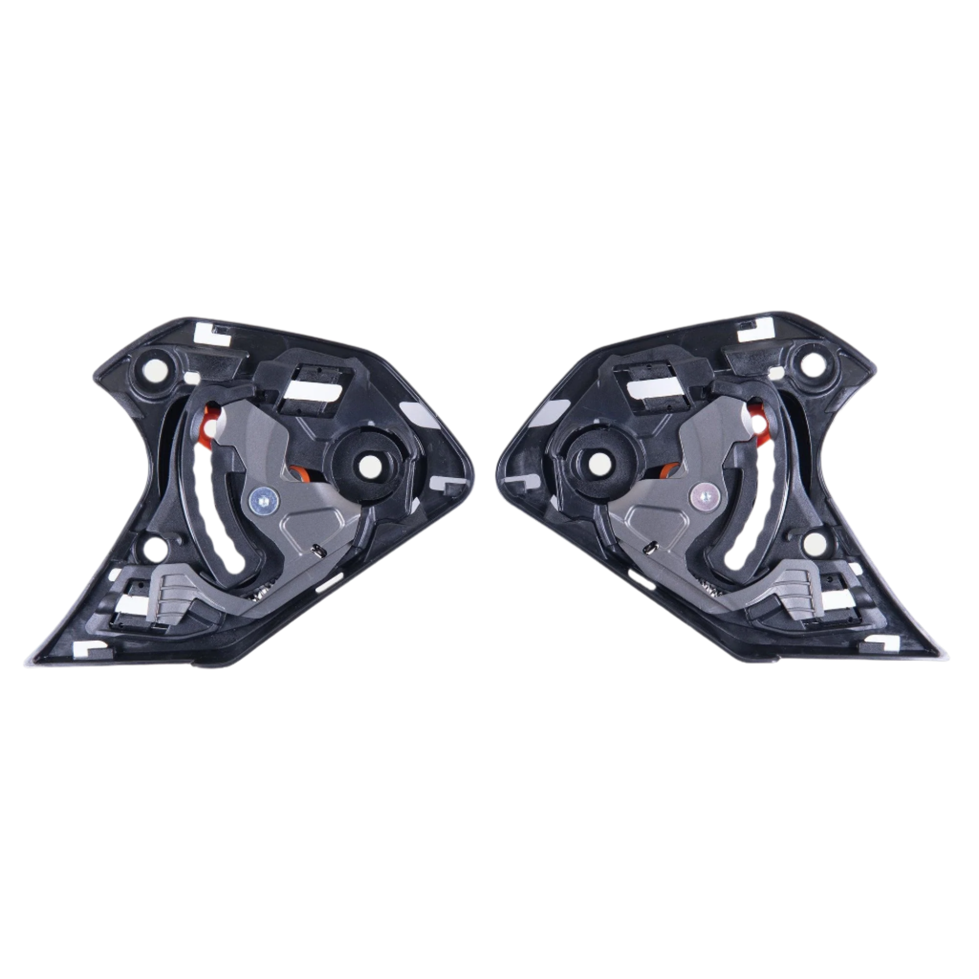 Alpinestars Supertech R10 Visiermechanismus, Paar schwarze Ersatz-Visiermechanismen, linke und rechte Komponenten mit mechanischen Drehpunkten und Befestigungspunkten für S-R10 Motorradhelme