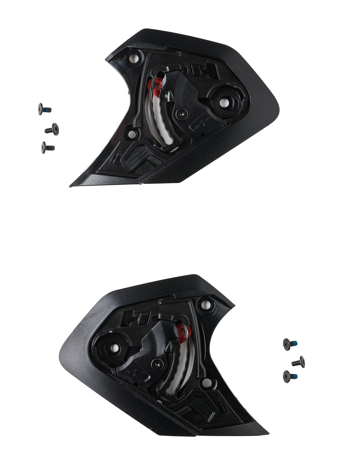 Alpinestars S-R7 viziermechanismeset, zwarte reserveonderdelen voor road racing motorhelmen, inclusief montageschroeven.