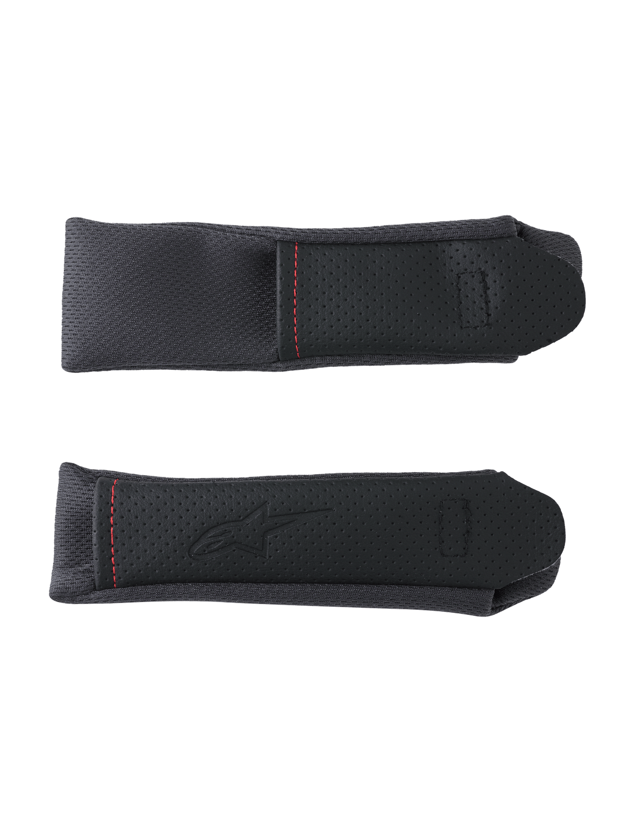 Alpinestars S-R7 kindbandbeschermers, motorhelm reserveonderdelen, zwart en grijs, met geperforeerde paneeldetails en rode contraststiksels