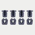 Alpinestars Supertech R10 Spoiler-Befestigungsset, Helmzubehör, Schwarz, Achter-Set Ersatzstecker aus Kunststoff, abgebildet in zwei Reihen mit Seiten- und Draufsicht-Profilen, offizielles Alpinestars Ersatzteil für S-R10 Helme.
