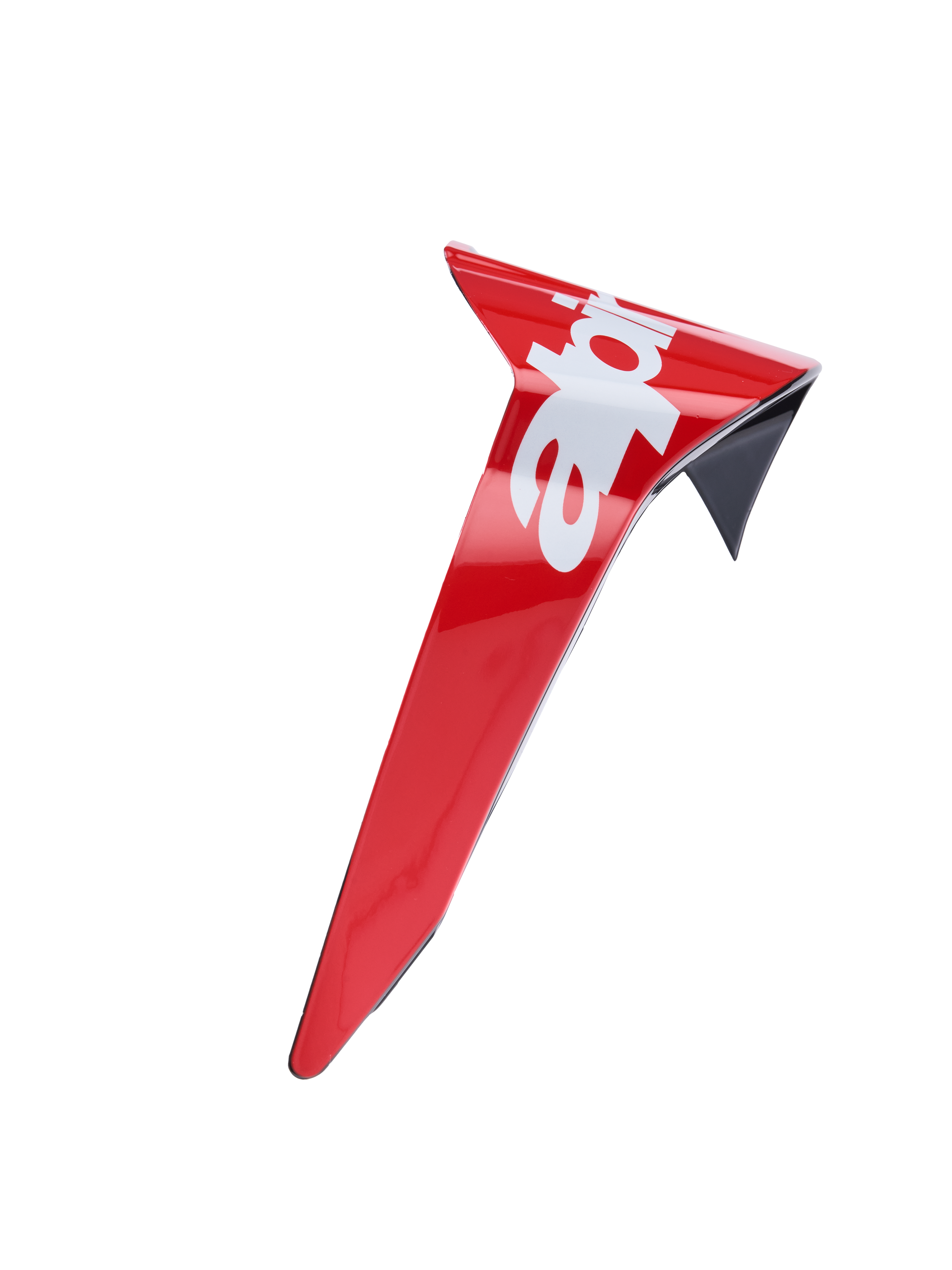 Alpinestars Supertech R10 Arius Standard Spoiler, aileron de casque de course, rouge brillant avec lettrage blanc, design aérodynamique avec accent noir, surface lisse et angulaire