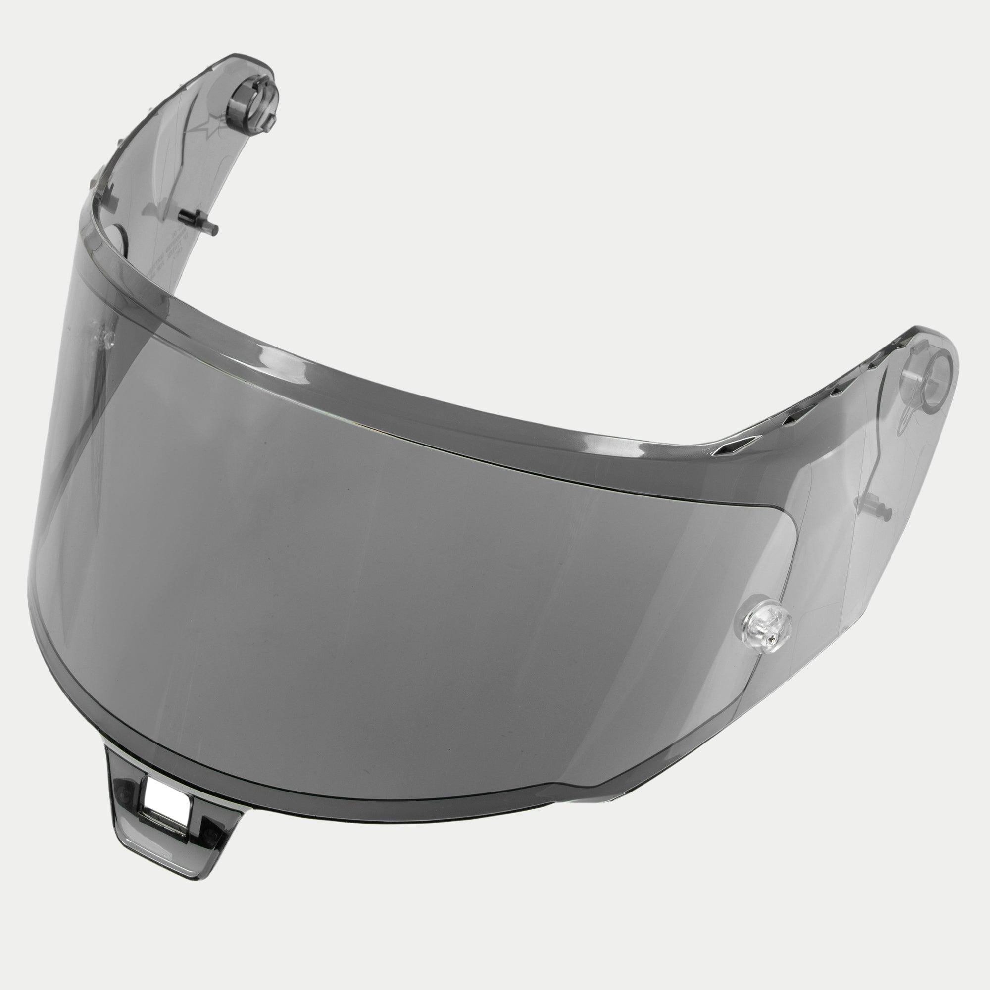 Alpinestars Supertech R10 AFHS-01 Shield, visière de casque, fumé clair, plastique gris semi-transparent, design aérodynamique incurvé avec points de fixation latéraux et languette centrale, pièce de rechange pour le casque de course S-R10.