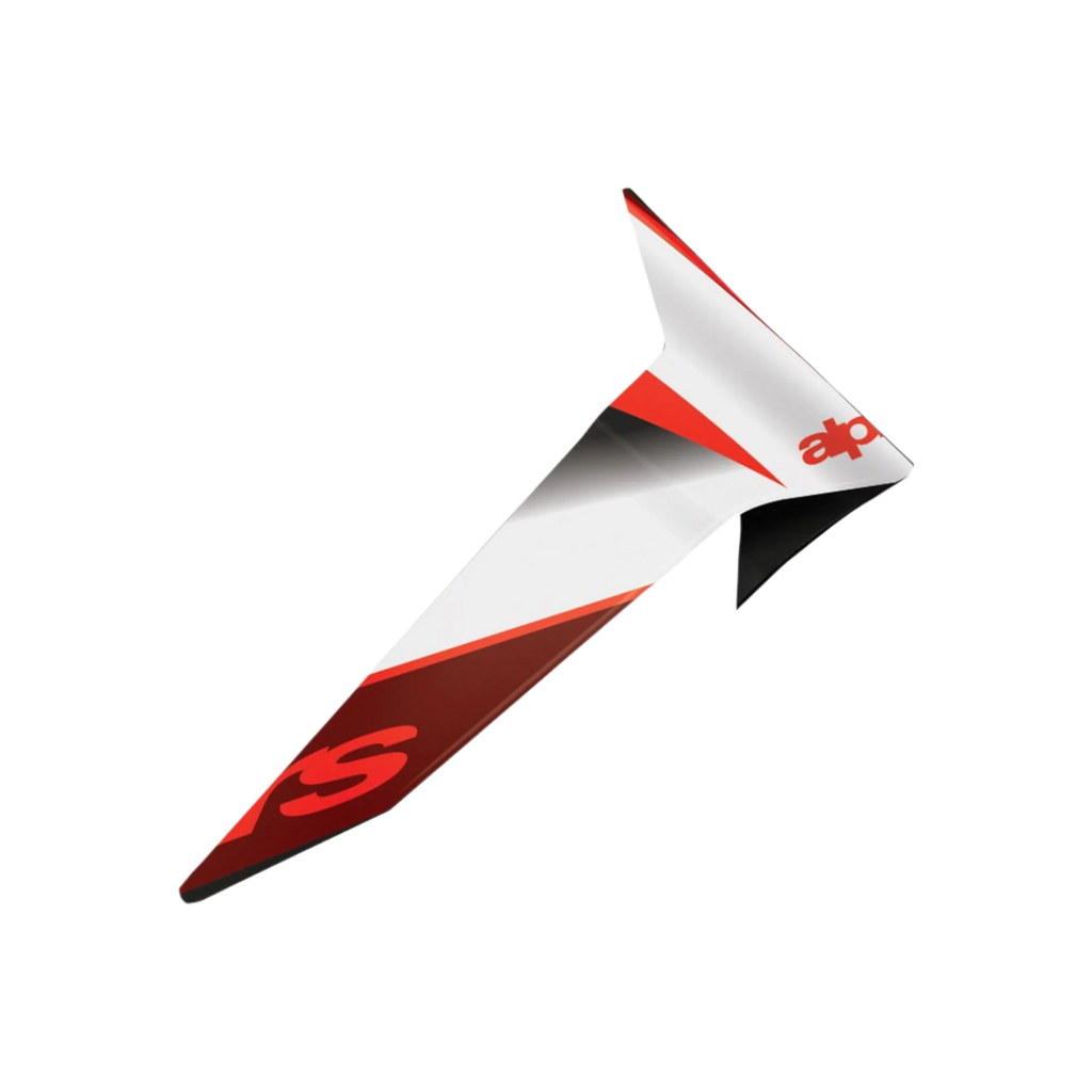 Alpinestars Supertech R10 Team Standaard Spoiler, motorhelm-accessoire, glanzende Black Carbon, rode en witte afwerking, aerodynamisch vervangingsonderdeel met scherp hoekig ontwerp en opvallende grafische branding.