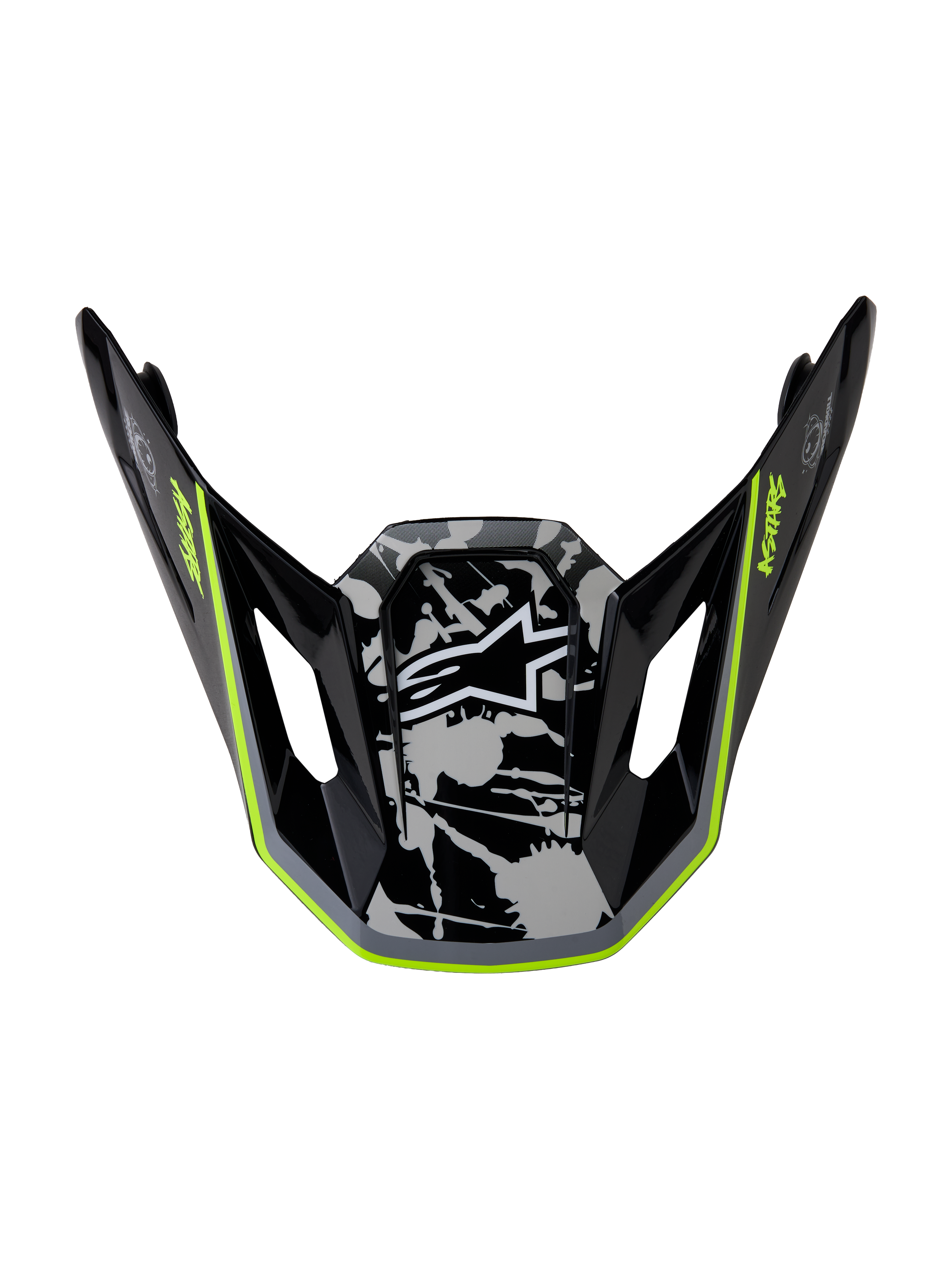 Visière Alpinestars S-M7 Blaster, accessoire de casque motocross noir brillant, gris et jaune fluo pour le tout-terrain.