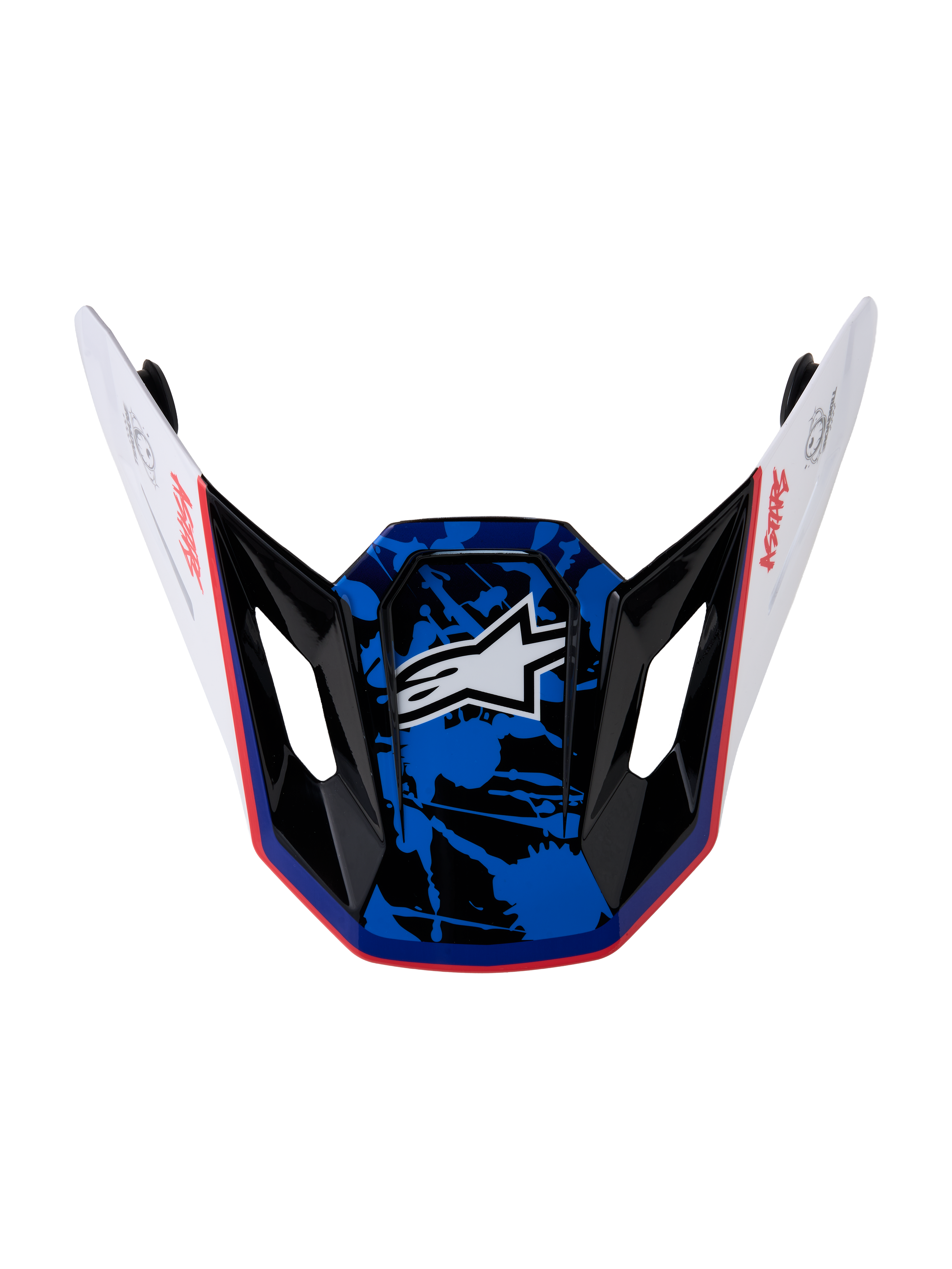 Alpinestars S-M7 Blaster vizier, reserveklep voor motorcrosshelm, wit, blauw en rood met glanzende splatter-print.