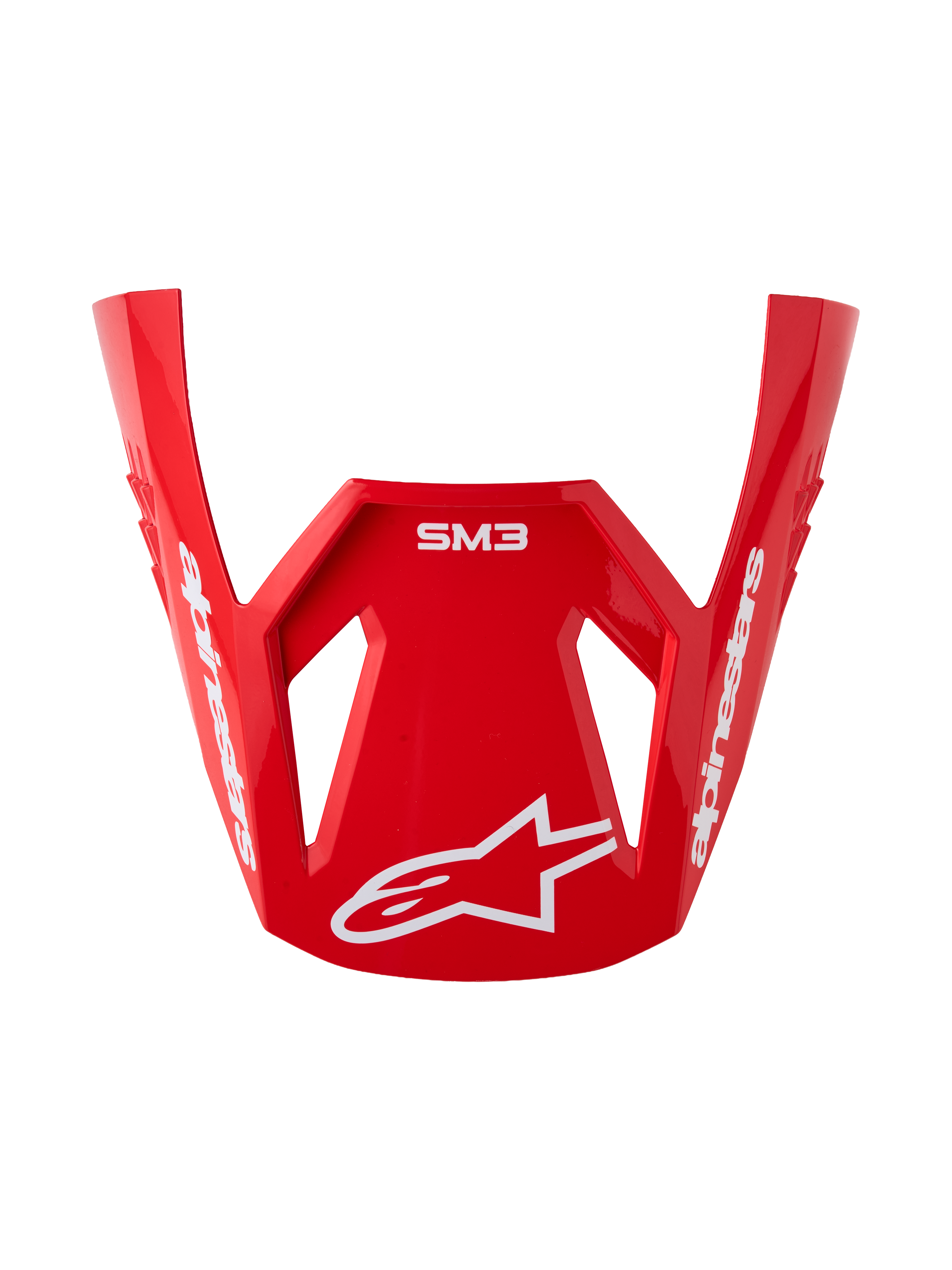 Alpinestars S-M3 Radium vizier, motocrosshelm reserveonderdeel, glanzend rood en wit, voorzien van wit logo en SM3-opdruk.