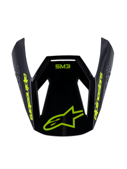 Visière Alpinestars S-M3 Youth Radium, visière de rechange pour casque de motocross, noir et jaune fluo brillant, avec logo Alpinestars et logo étoile jaune sur le devant, design aérodynamique pour casques tout-terrain pour enfant