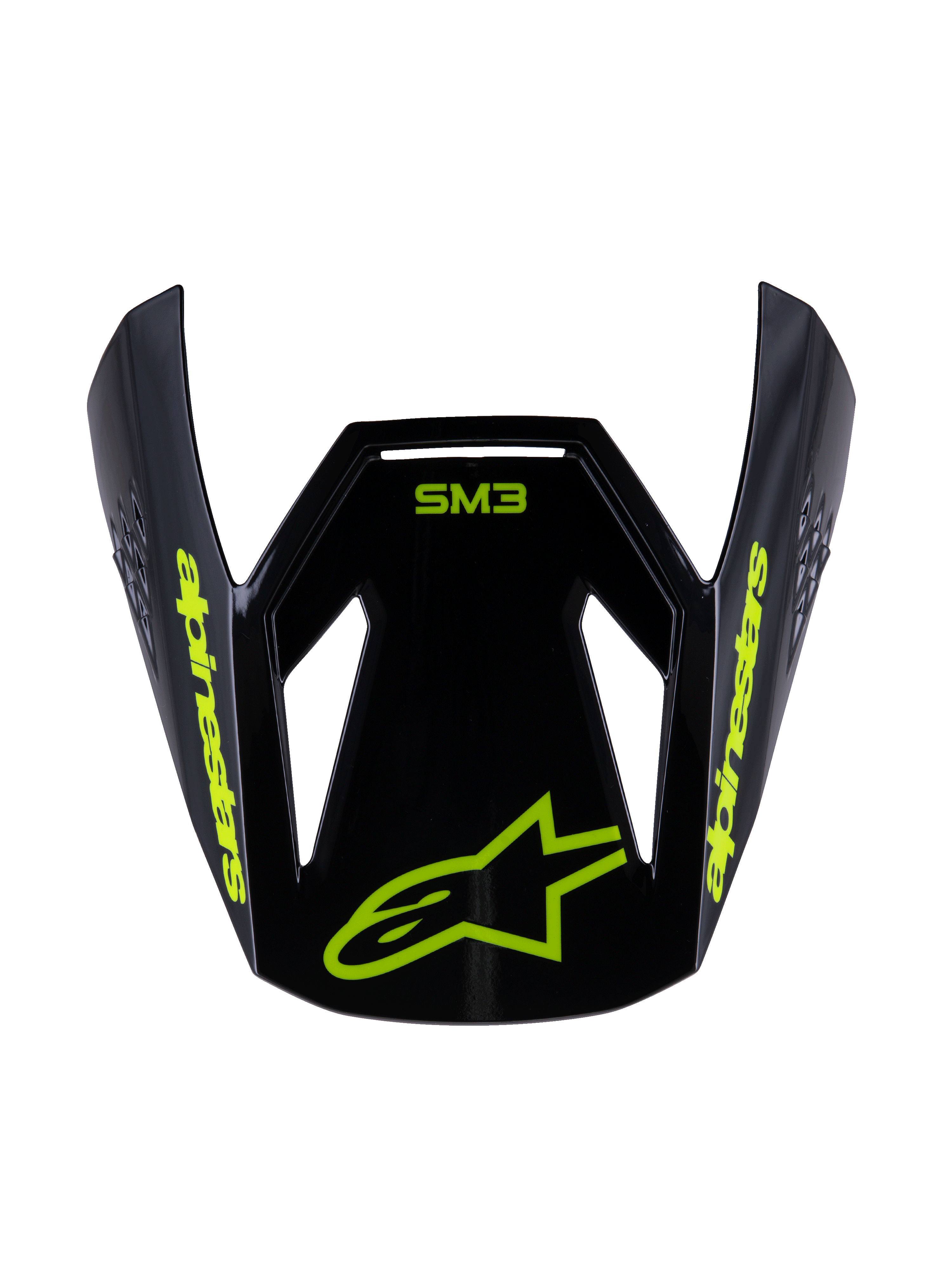 Visière Alpinestars S-M3 Youth Radium, visière de rechange pour casque de motocross, noir et jaune fluo brillant, avec logo Alpinestars et logo étoile jaune sur le devant, design aérodynamique pour casques tout-terrain pour enfant