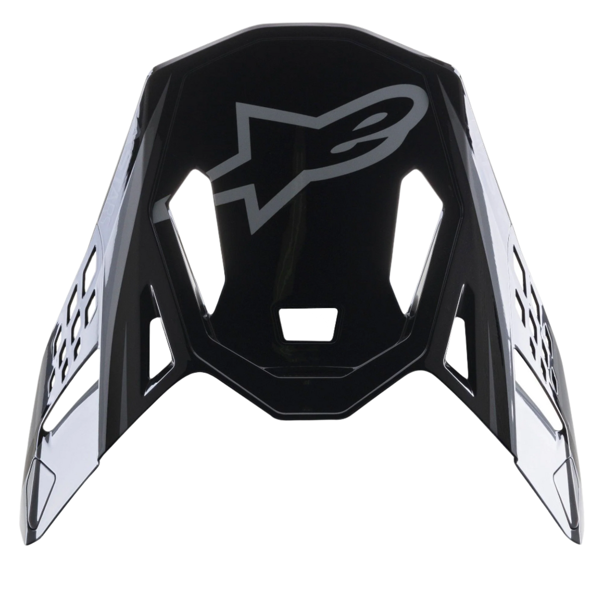 Alpinestars Supertech M10 Carbon Meta2 Visier, Ersatzvisier in Schwarz und Grau glänzend, graues Alpinestars-Logo, aerodynamische Belüftungsausschnitte, Motocross-Helmzubehör