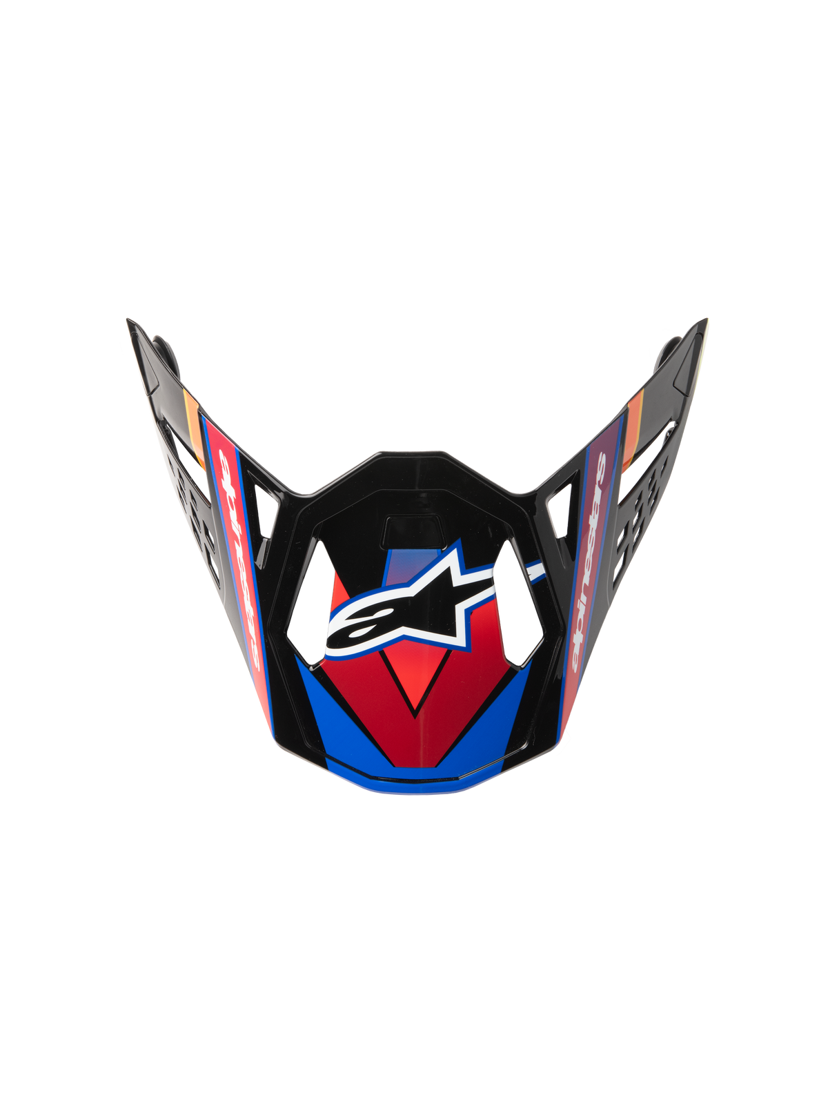 Alpinestars Supertech M10 Era Visier, Motocross-Helm-Ersatzvisier, Blau, Rot und Gelb Fluo, glänzend schwarzes Finish mit kantigen Grafiken, zentrales weißes Stern-Logo und aerodynamische Belüftungsausschnitte
