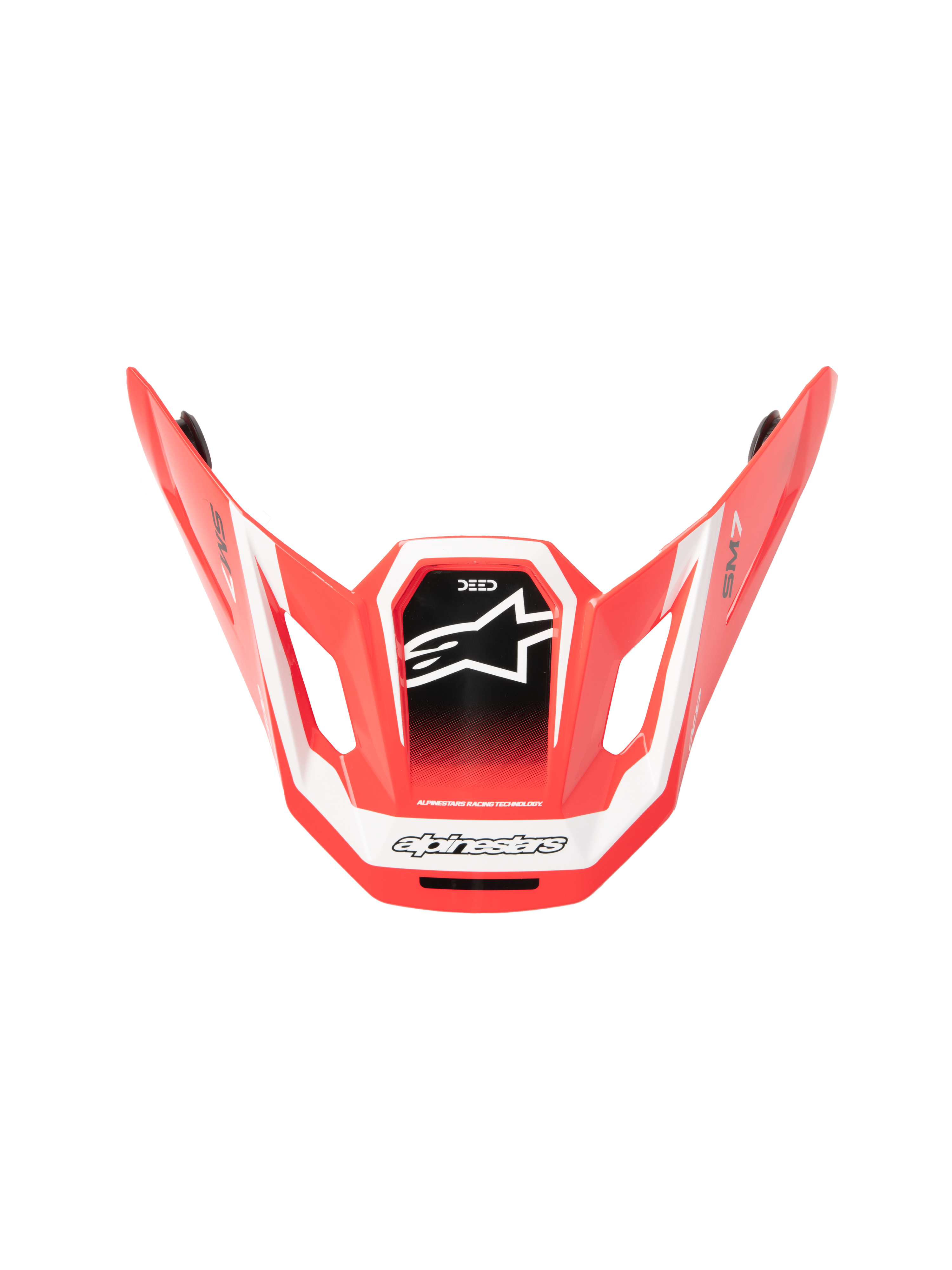 Alpinestars S-M7 Deed ECE06 Visier, MX-Helmvisier, Rot, Schwarz und Weiß glänzend, kantiges aerodynamisches Design mit weißem Stern-Logo auf schwarzem Mittelpanel, SM7- und Deed-Branding, glänzendes Finish für Offroad-Performance